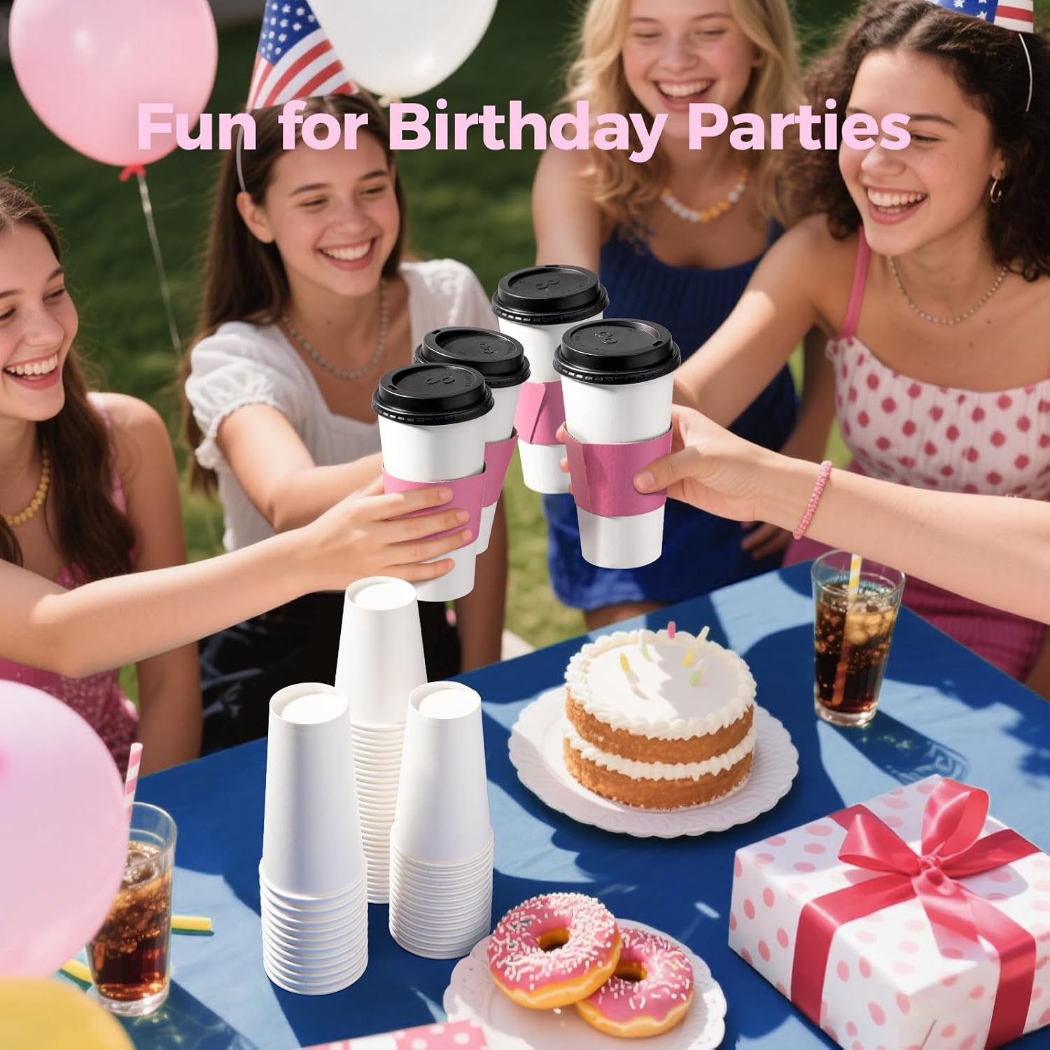 Fit Meal Prep 50 Pack 20 oz Disposable Coffee Cups with Lids and Pink Sleeves, Lead-Proof Sturdy To Go Coffee Cups with Lids, Pink Hot Paper Cups for Party, Wedding, Birthday (Black Lids)