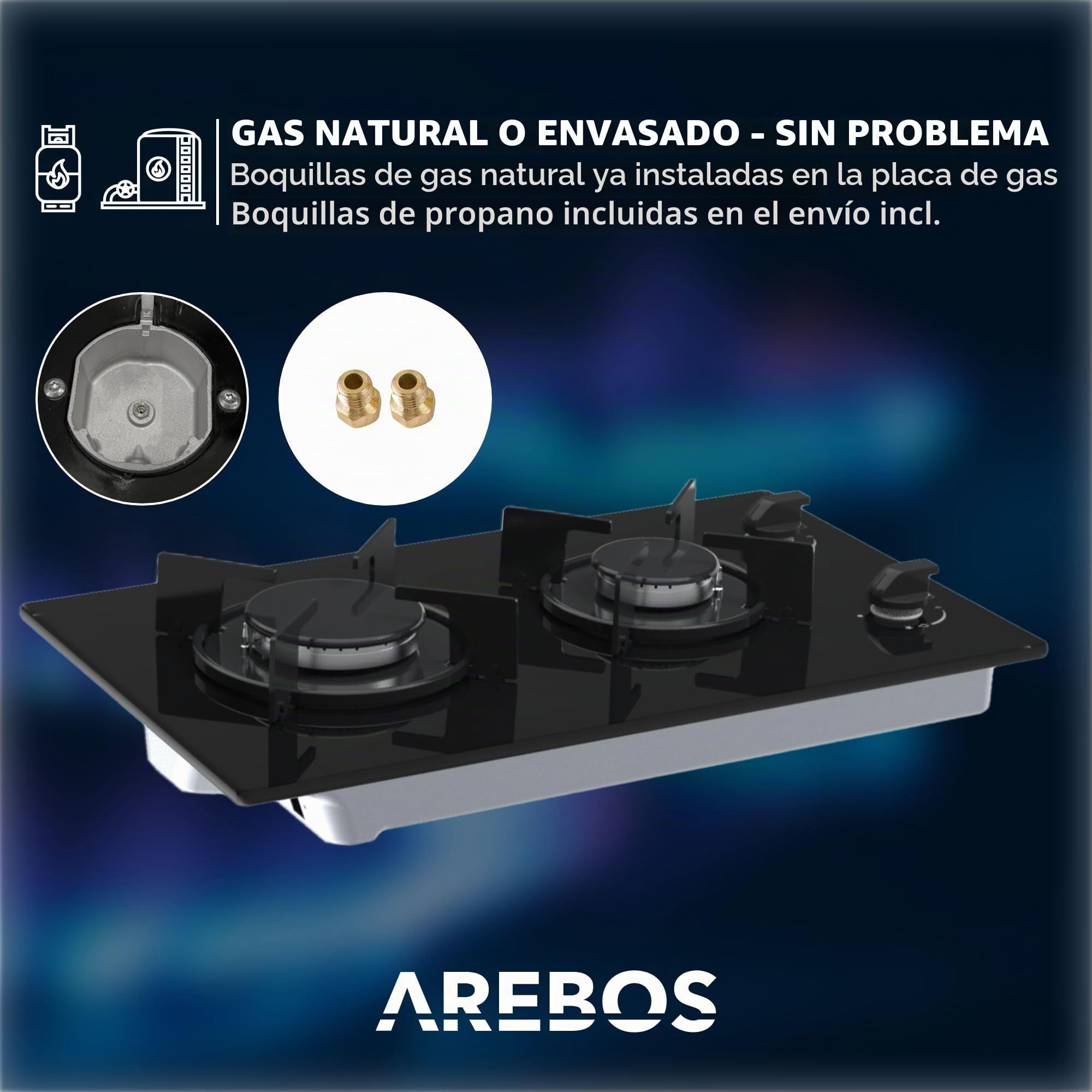 Arebos Placa de gas 30 cm 2 quemadores | Vidrio templado | Empotrable con soportes de hierro fundido | Compatible con gas natural y propano | Encendido seguro integrado