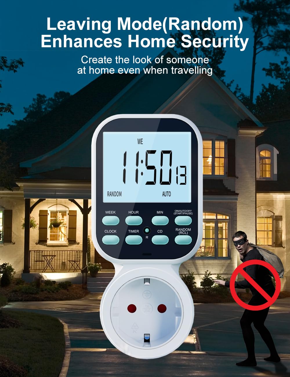 Prise de Minuterie Numérique avec Compte à Rebours et Mode Boucle,Prise de Minuterie Électronique Programmable Maxcio avec 20 Programmes de Commutation Configurables et Mode Antivol,16A/3680W-Type C/F