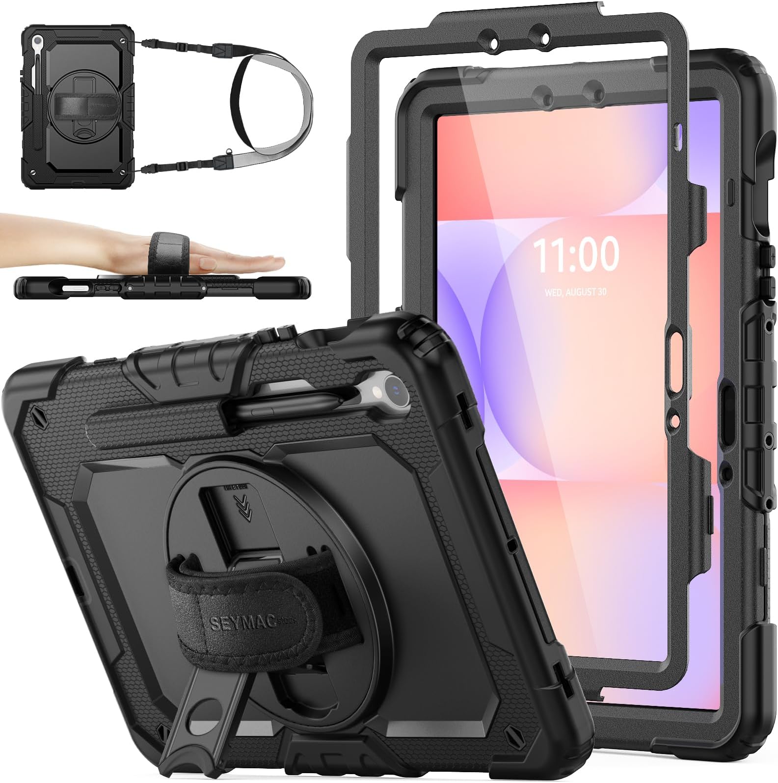 - Galaxy Tab S10 Lite/S10 FE/S9/S9FE Case Shockproof Frame with Protective Film Without Protective Film Frame Pen Storage 360° Rotating Stand Hand Strap Shoulder Strap Full Protective Cover (Black)