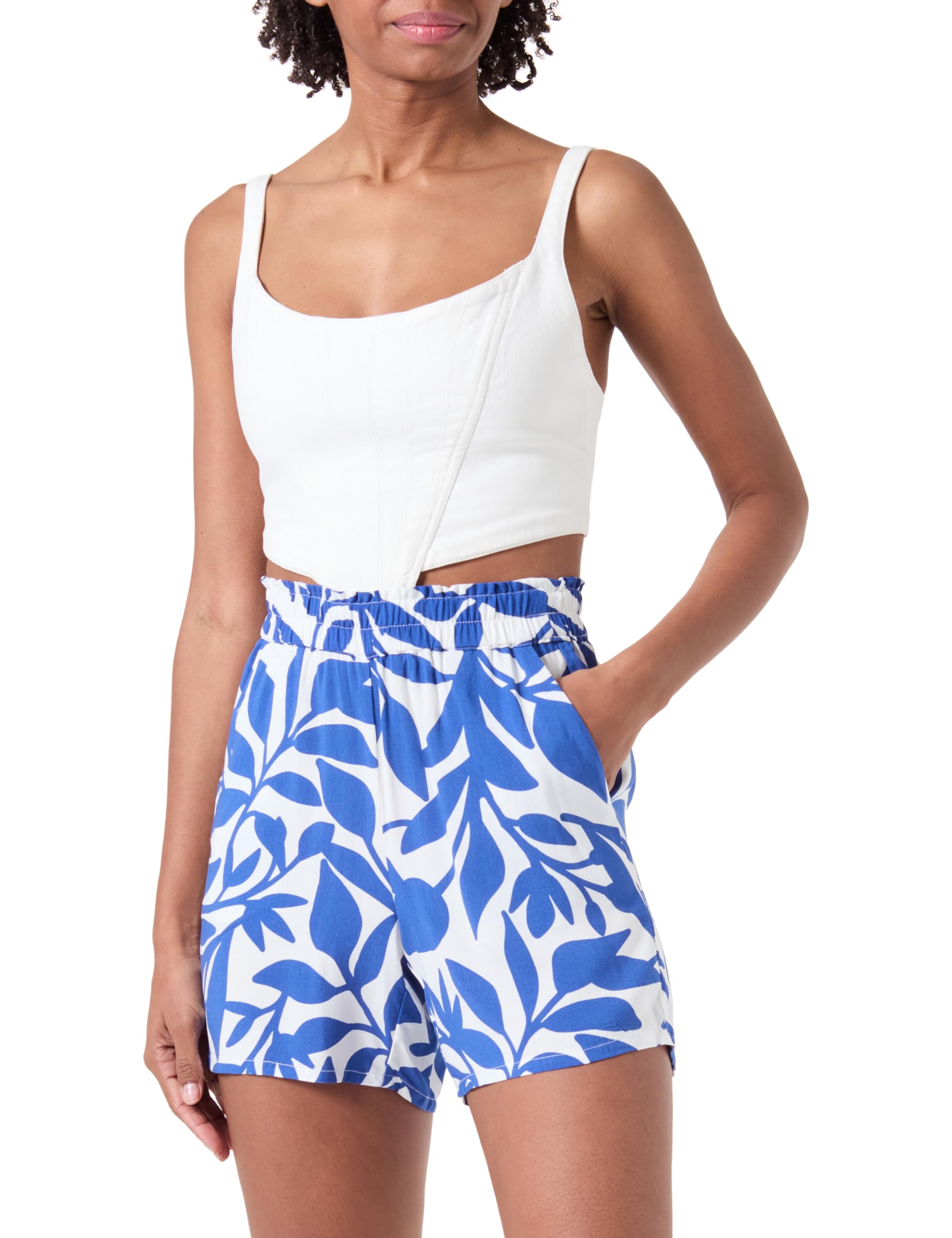 VERO MODA Women's Vmeasy Joy Hw WVN Ga Shorts, Snow White/AOP: Alisa Mazarine Blue, XS