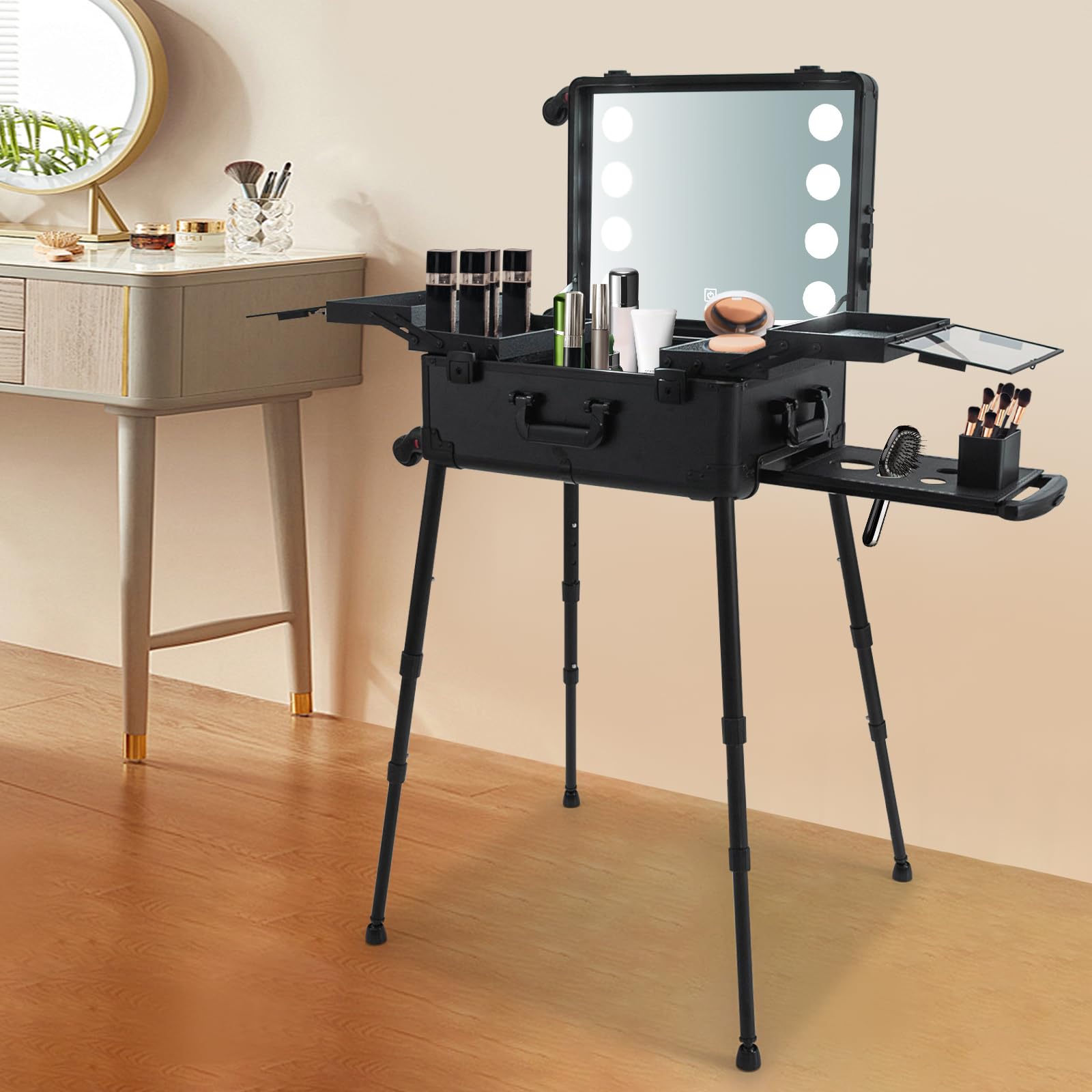 Walizka na kosmetyki – walizka do makijażu i walizka fryzjerska z 8 diodami LED, nogi z regulacją wysokości 39-85 cm (4 stopnie) – idealna dla wizażystów, podróży i salonu – czarna i nowoczesna