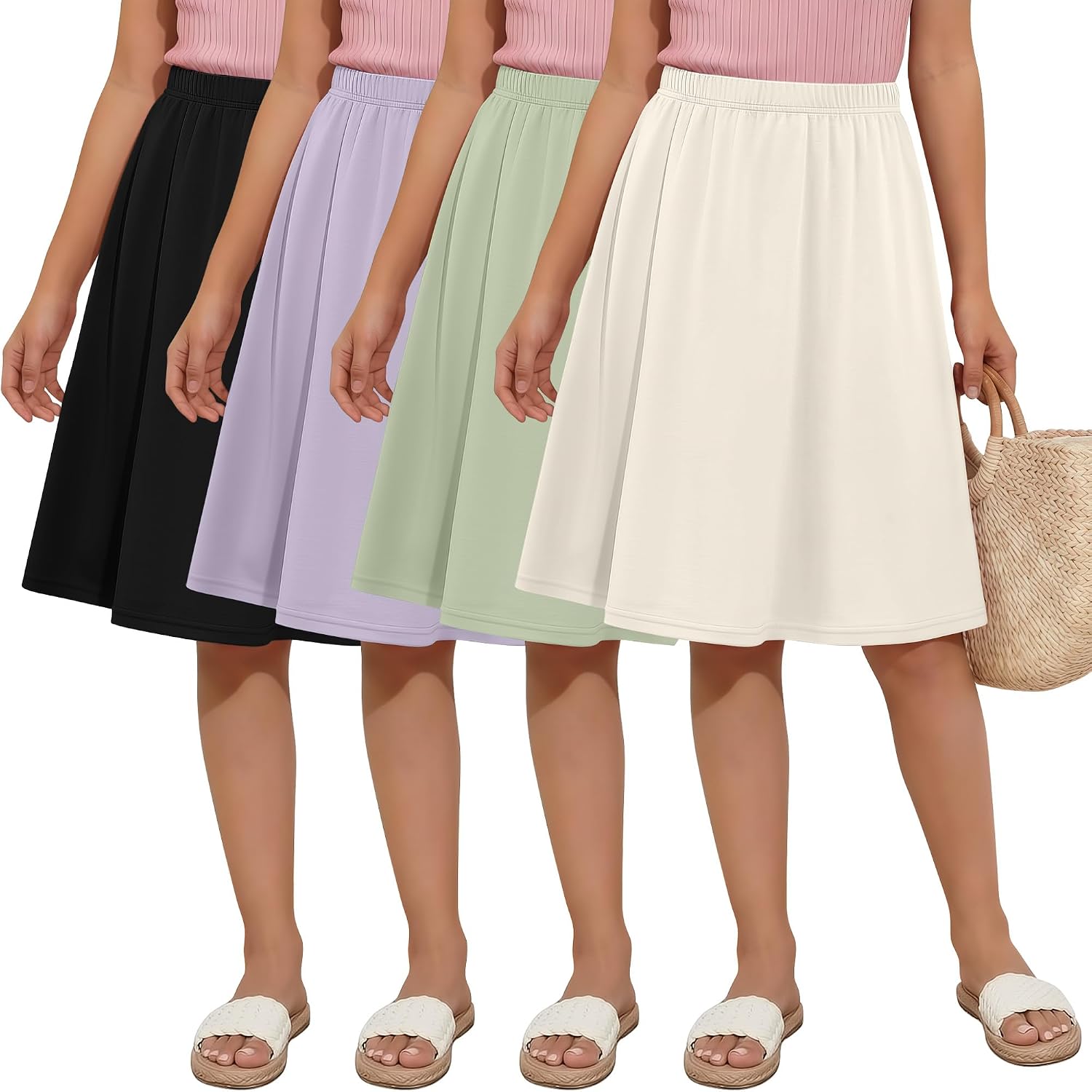 4 Pack Girls Knee Length Skirts Teen Summer Midi a Line Pleated Flowy Lightweight Skirts with Elastic Waist 5-16 Y