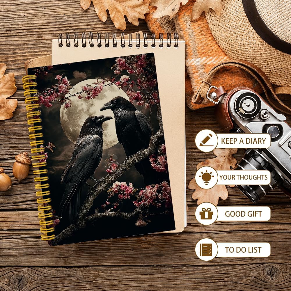 Gothic Full Moon Floral Raven Spiral Notebook for Work Study, Dark Academia Cherry Blossom Black Crow Notebook Journal for Women Note Taking, 5.5x8.3 Inch image 4
