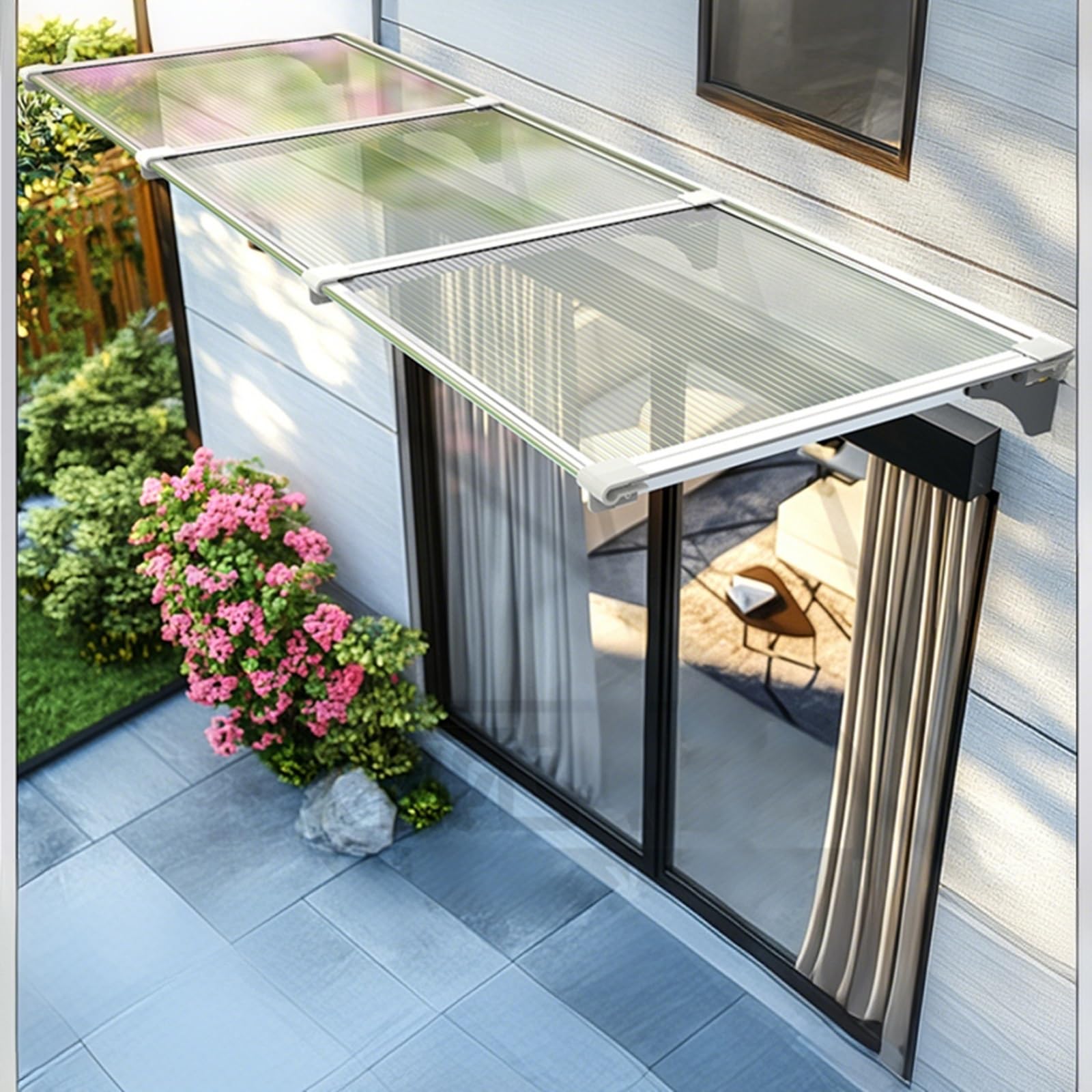 Auvent De Porte Et Fenêtres Extérieure,Marquise De Porte Aluminium,Toit Marquise en Polycarbonate,Terrasse Toit Abri Banne Protection,Protection UV(Silver,55 * 127cm/21.6 * 50in)
