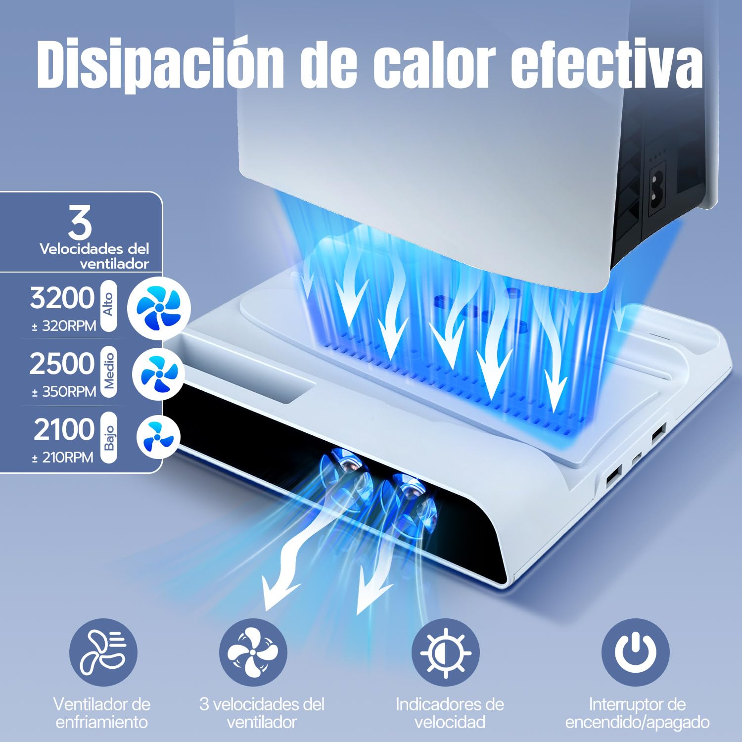 Wigearss Soporte Vertical para PS5/PS5 Slim/PS5 Pro con Ventiladores de Refrigeración, Estación de Carga para Dos Mandos, Ventilador de Enfriamiento con 3 Niveles Ajustables