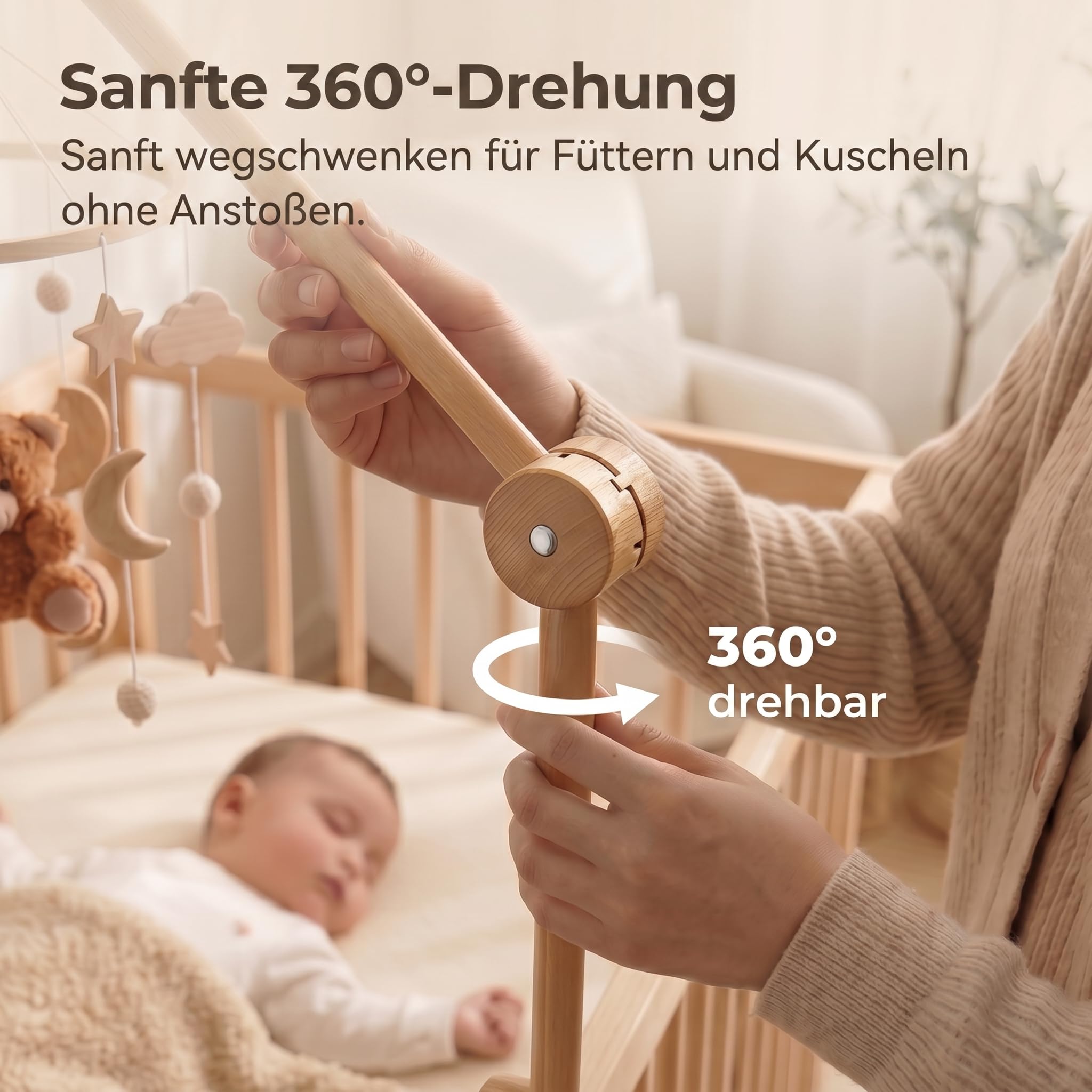 let's make Mobile Verbesserte Version Halterung Holz für Babybet, Höhenverstellbarer & 360° Drehbarer Mobile Arm mit Erweiterter, Mobile Halterung für Babybett Zubehör, Kinderzimmer Deko