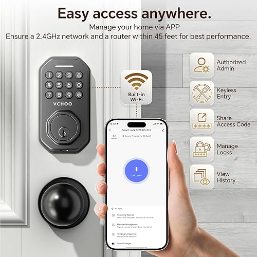 Miniatura 5 de Cerradura de puerta de entrada sin llave con 2 perillas, cerraduras inteligentes para puerta delantera, WiFi, juego de cerradura de puerta de baja