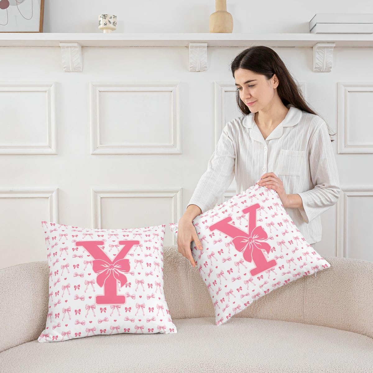 Castle Fairy Kids Girls Cute Pink Bow Pillow Cover 16"x16",Monogrammed Cushion Cover for Couch Sofa, Personalized Initial Y Outdoor Pillow Case,Coquette Bow Knot Reversible Throw Cushion Case image 3
