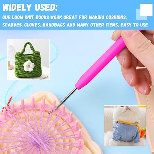 Miniatura 6 de Loom - Juego de ganchos de punto de ganchillo, 8 ganchos de telar de punto rosa con 12 agujas de coser de plástico coloridas para tejer, tejer