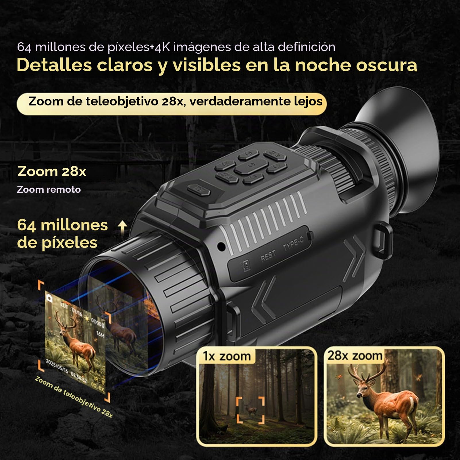 Denash Gafas de Visión Nocturna, Telescopio Monocular Infrarrojo Digital 4K, Binoculares de Visión Nocturna Recargables con Zoom de 28x para Acampar el Senderismo