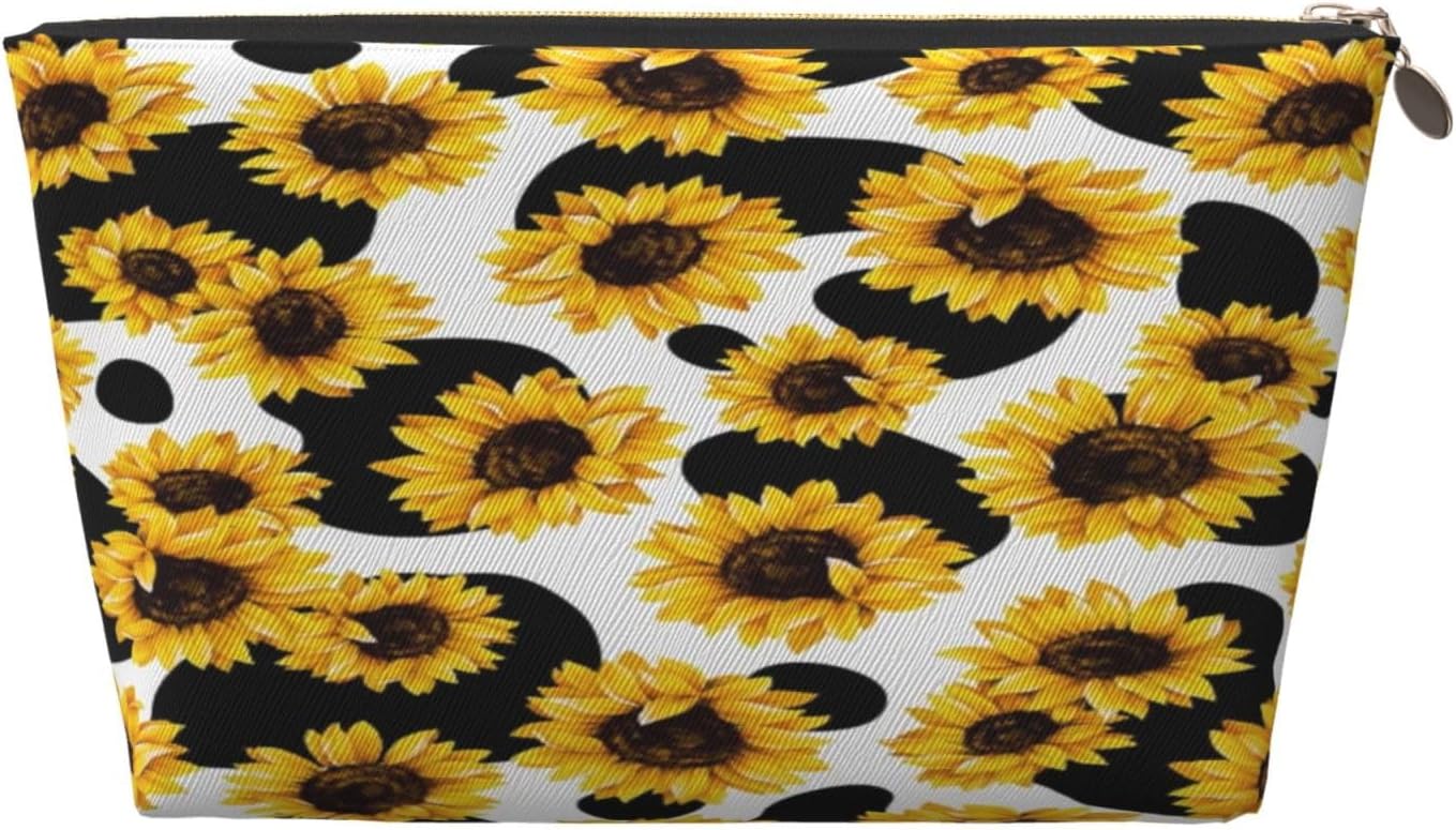 Cow And Leopard Print Sunflower Leather Makeup Bag For Women, Portable Travel Toiletry Bag,Cosmetic Bags, Toiletries, Aesthetic Accessories Storage Bag