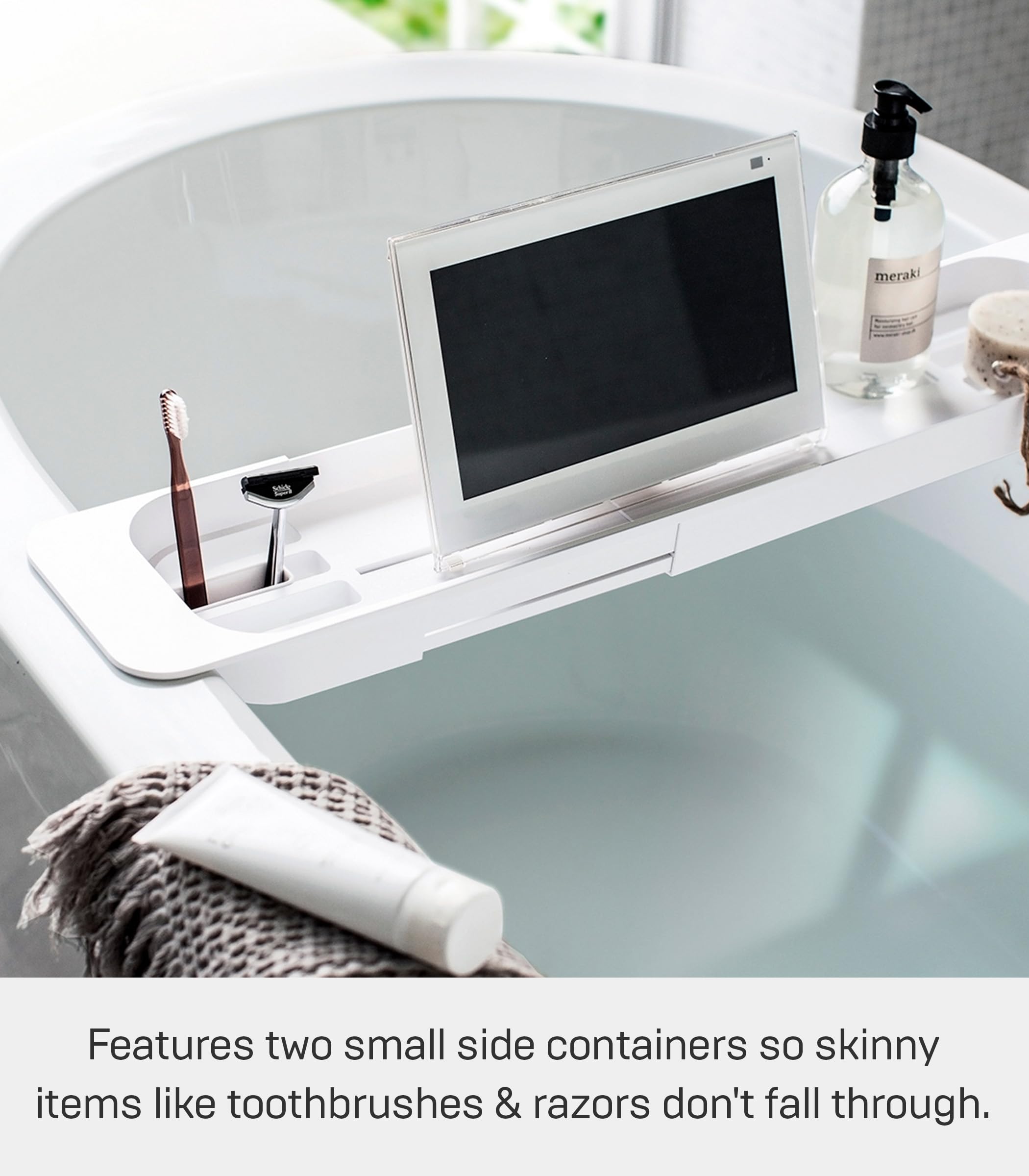 Yamazaki 3546 Tower Extendable Bathtub Tray, White, ABS Resin, 57.5~75 x 15.5 x 4.5 cm
