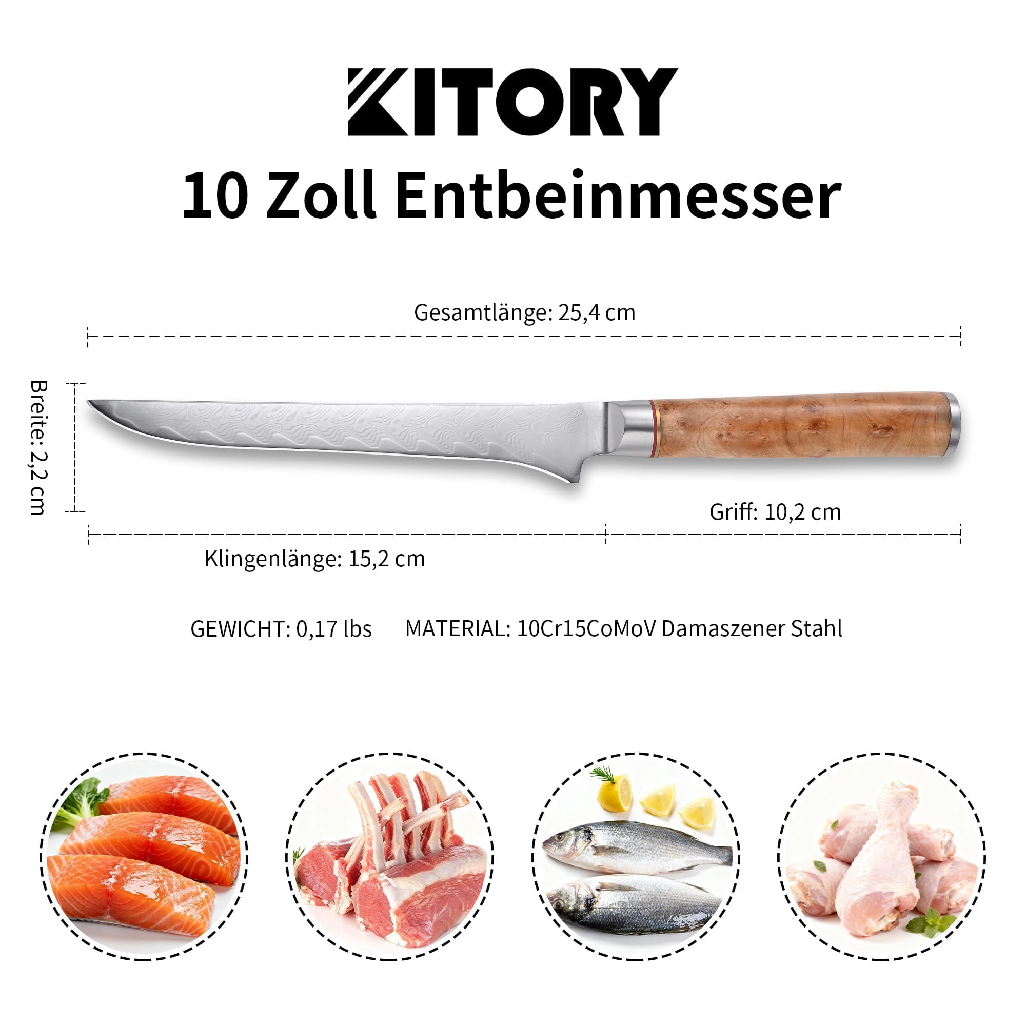 Kitory Coltello professionale in acciaio damasco a 73 strati, coltello a gamba con lama da 15 cm in acciaio 10Cr15CoMoV, manico in legno, colore bianco, serie Pro Damast