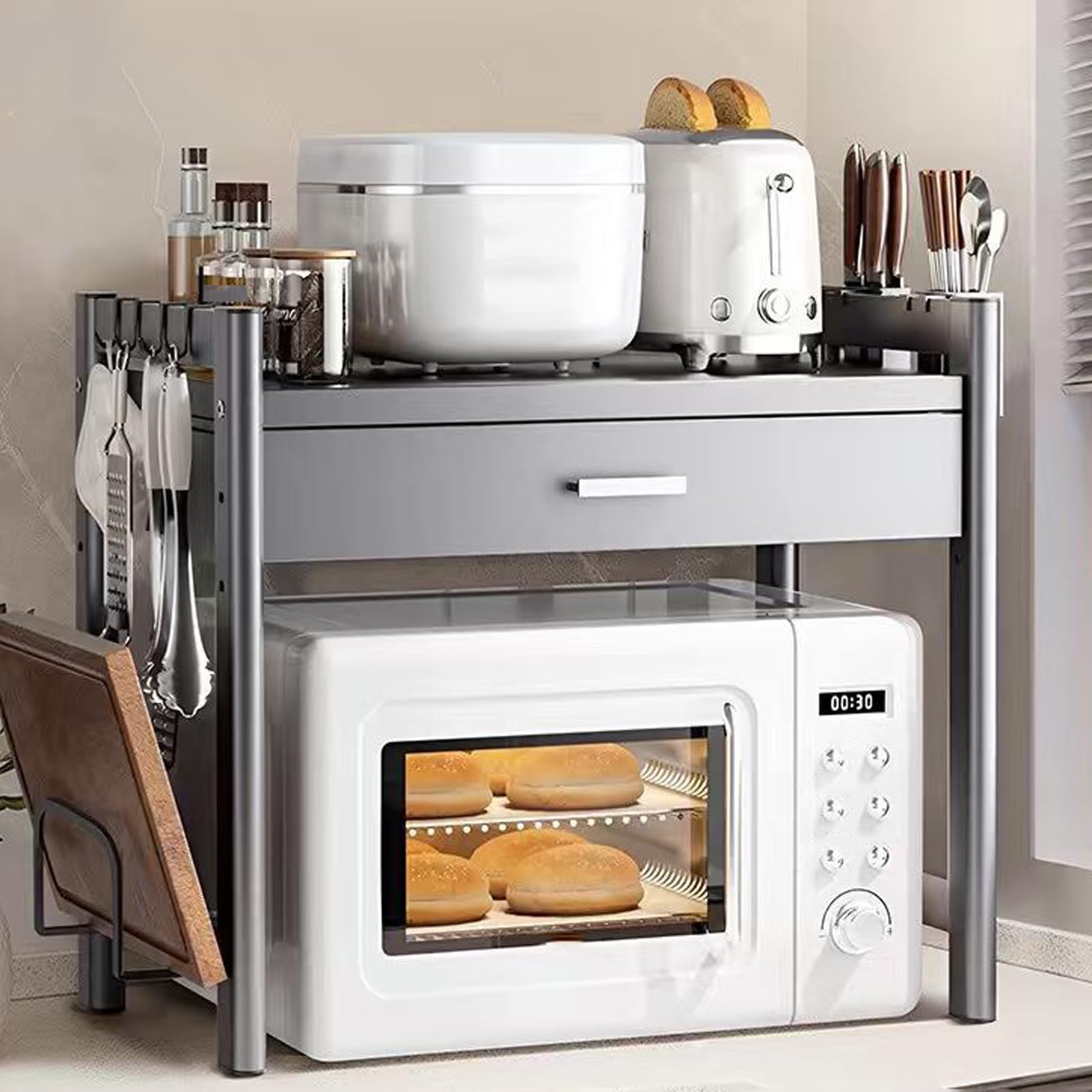 Soporte para Horno Microondas,Soporte para Estante para Microondas,Soporte para Microondas con CajóN,Organizador De Encimera De Cocina con CajóN,CajóN De Encimera