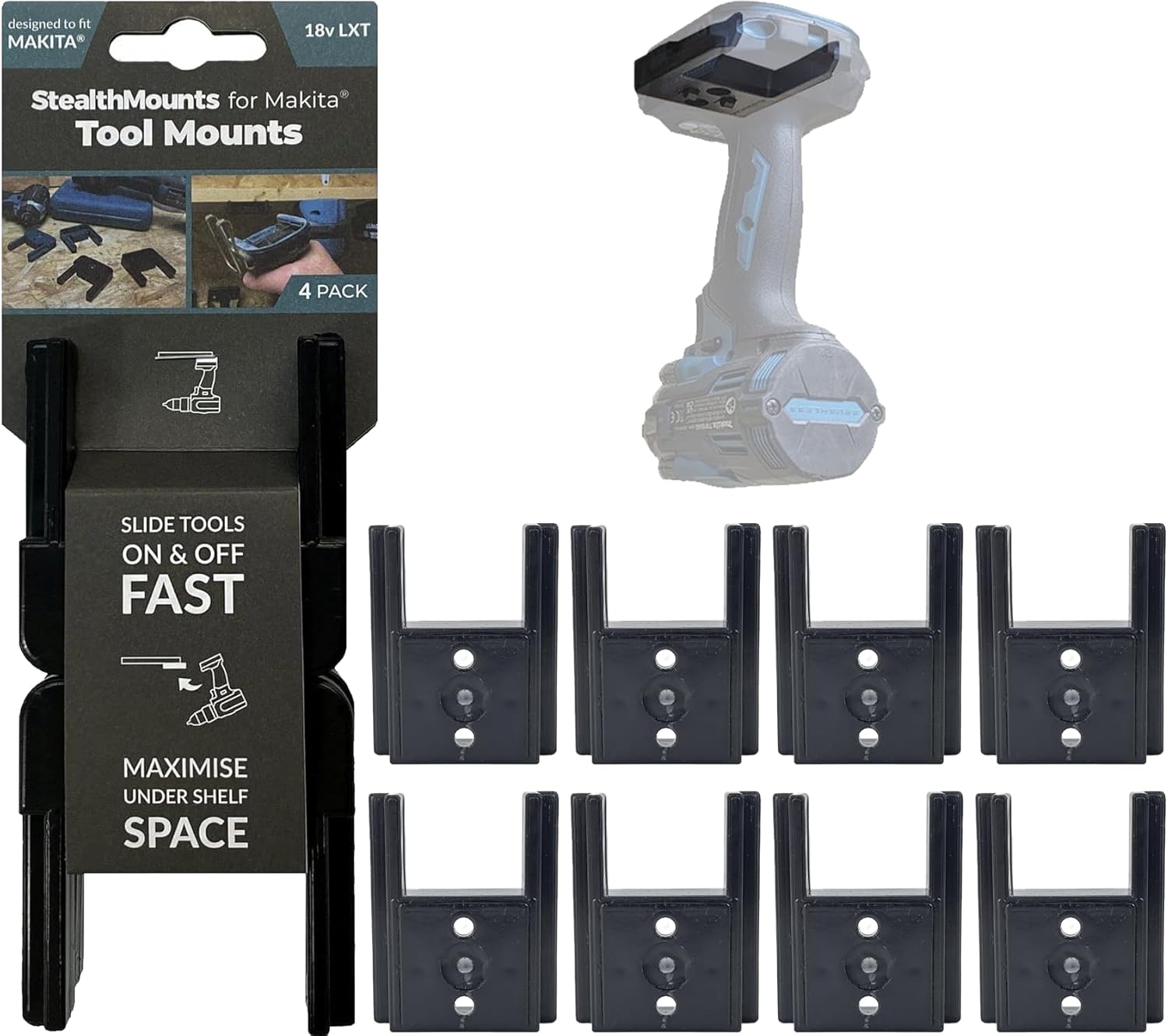 StealthMounts Friction Fit Makita Tool Holder 8 Pack of Makita Tool Mount | Makita Tool Storage | Makita 18V Tool Holder | Makita Drill Holder | 18V Makita Tool Mount | Makita Tool Clip | Made in UK