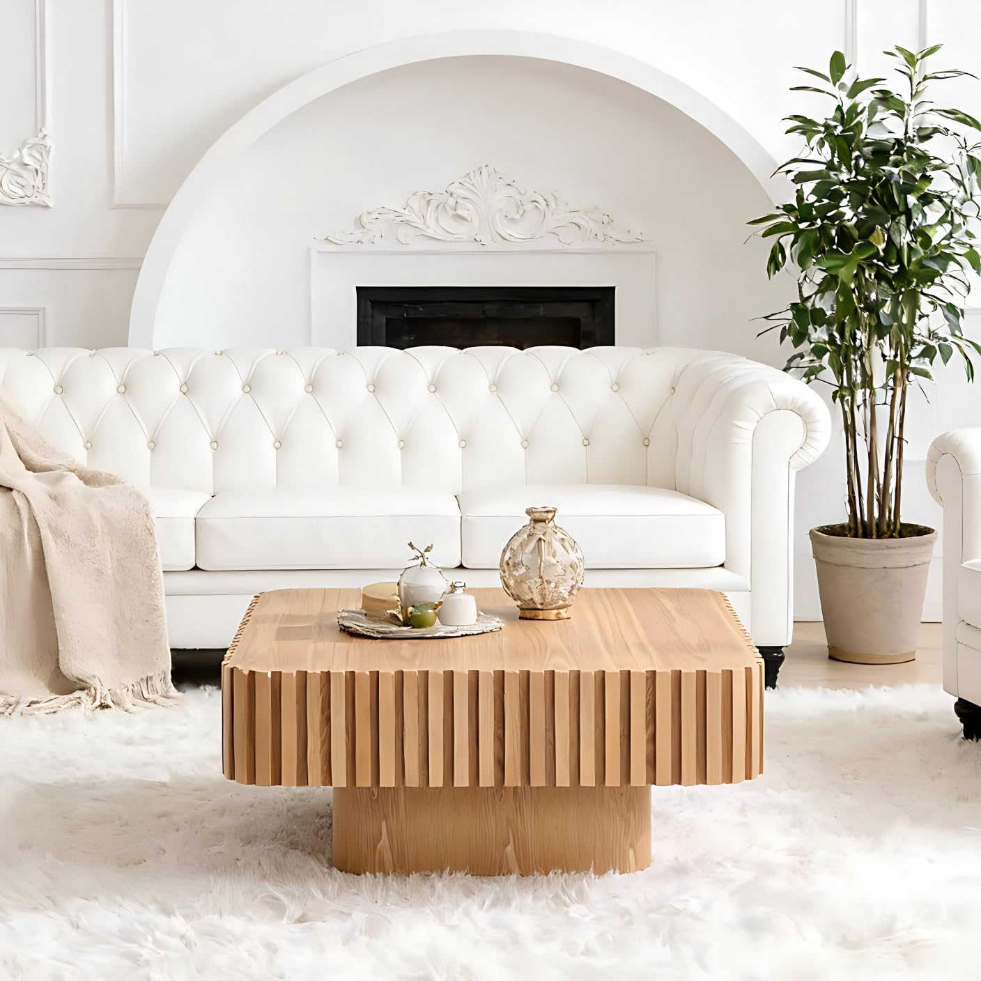KEVINSPACE Square Wood Coffee Table, Fluted Coffee Table Handcraft Drum Tea Table Center Table for Living Room, Modern Wooden Cocktail Table for Small Space, Easy Assembly 35.43" ASH