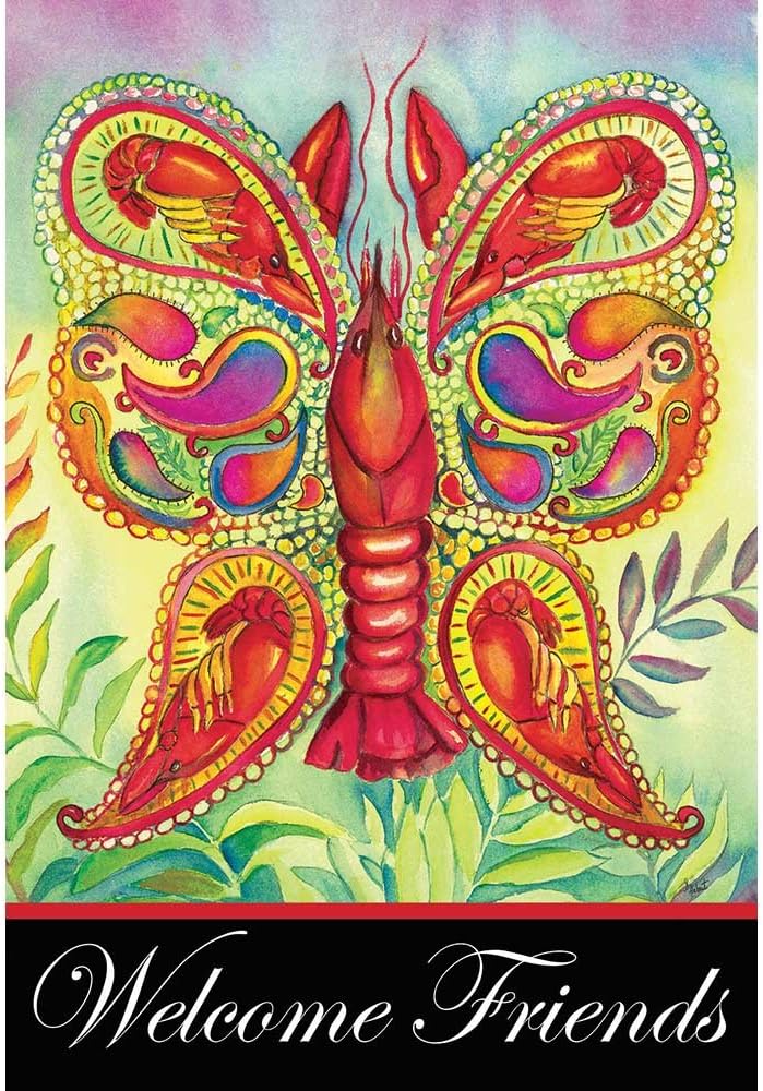 Magnolia Garden Welcome Friends Crawfish Butterfly 44 x 30 Rectangular Screenprint Large House Flag