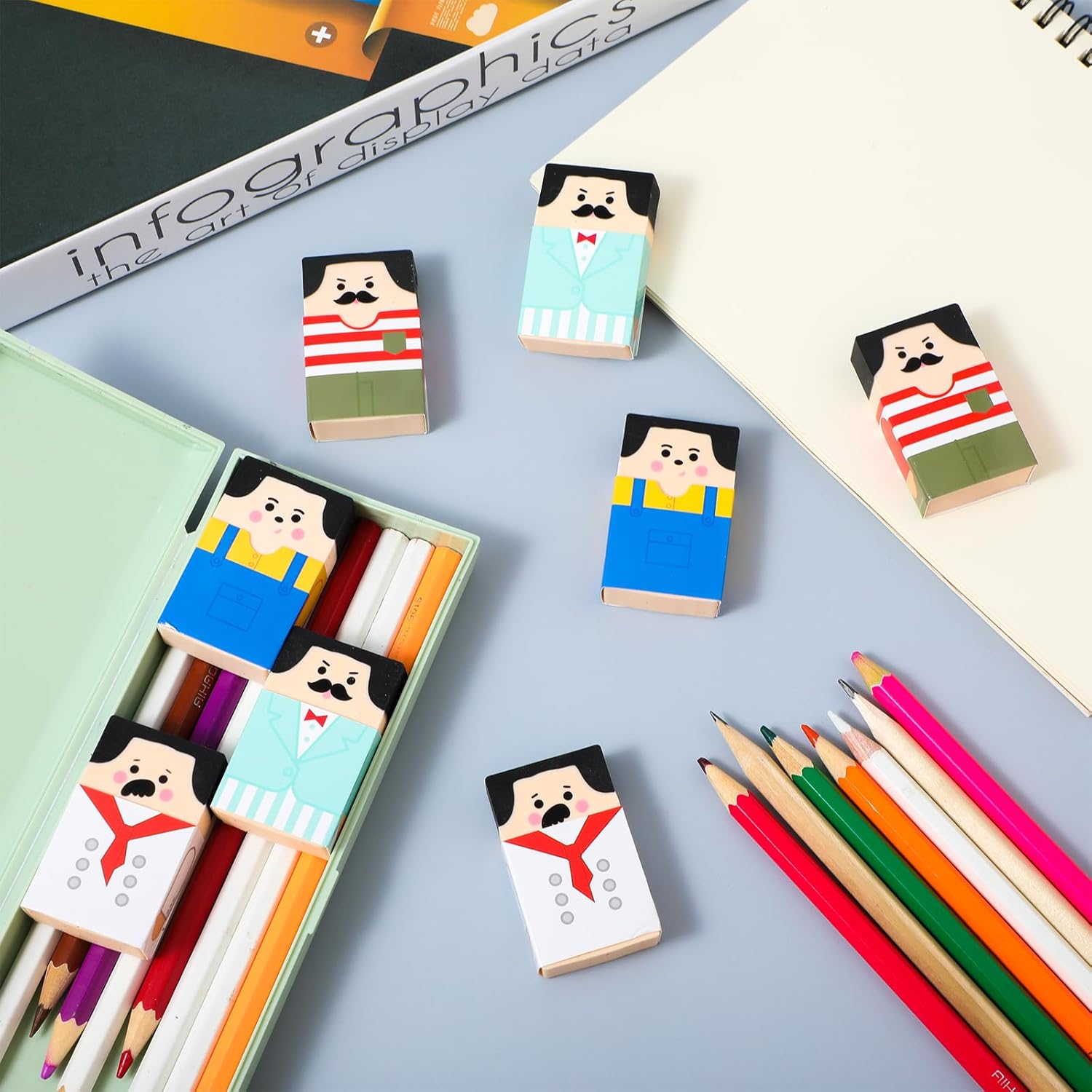 8pcs Cute Bald Uncle Erasers, Novelty Puzzle Fun Erasers Treasure Box Prizes Gift for Prizes Office Supplies Salaryman