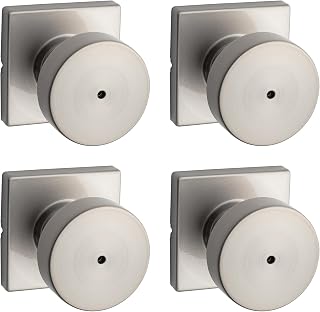 Kwikset Pismo Interior Square Privacy Door Knob with Lock, Door Handle for Bathroom and Bedroom, Satin Nickel Keyless Push Button Lock Doorknob