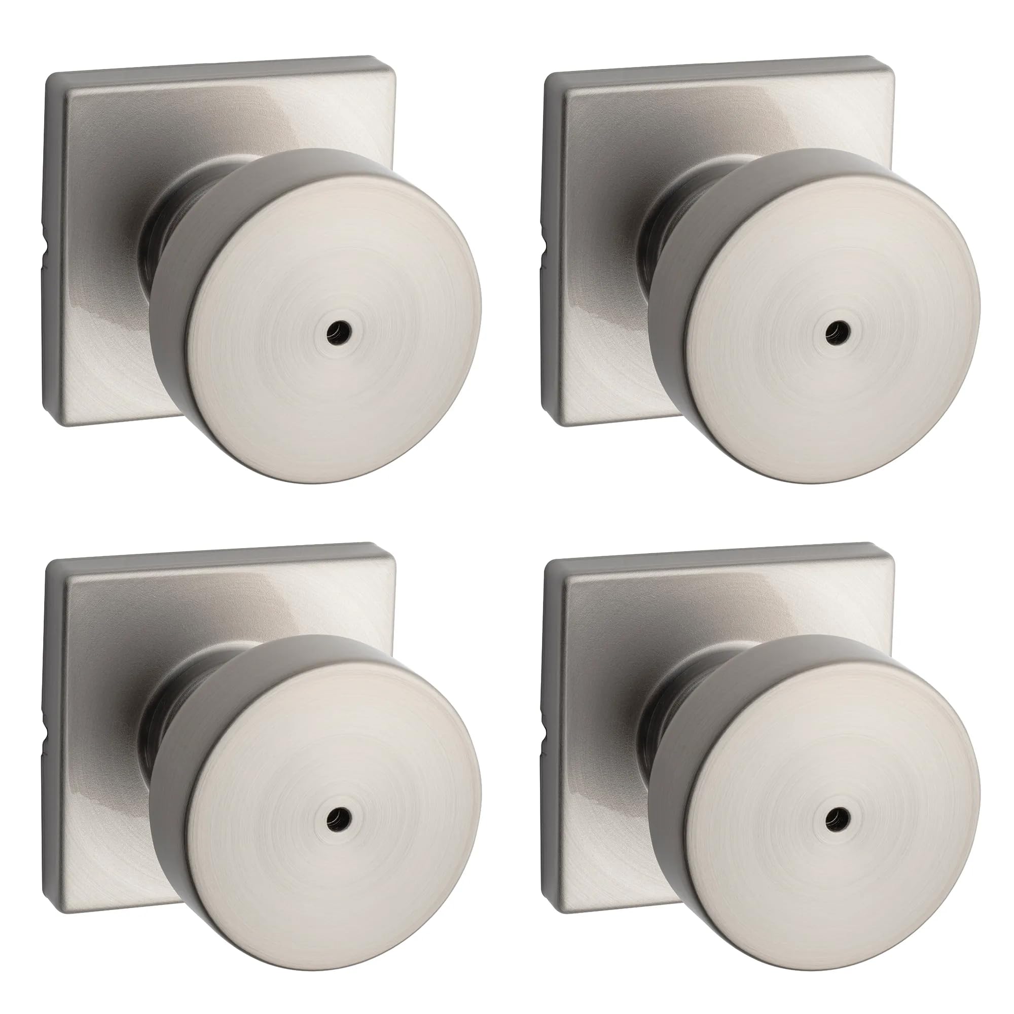 Kwikset Pismo Interior Square Privacy Door Knob with Lock, Door Handle for Bathroom and Bedroom, Satin Nickel Keyless Push Button Lock Doorknob
