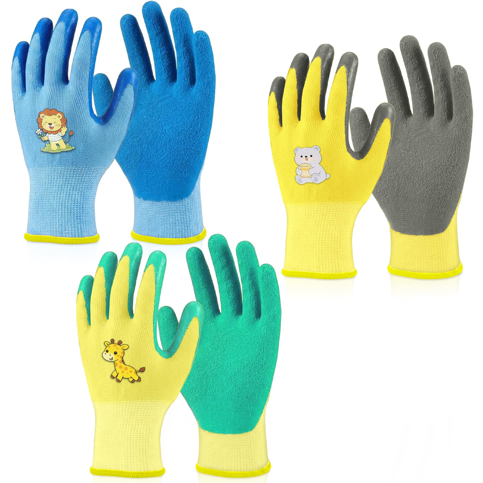 flintronic 3 Pairs of Gardening Gloves, Kids Safety Work Gloves, Non-Slip, Kids Rubber Gloves, Kid Work Glove for Toddlers Youth Girls Boys, Comfortable Breathable for Camping Yard Cleaning (Age 6-9)