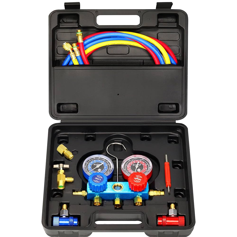 Wells AC R1234YF Gauge Set 4 Way AC Manifold Gauge Set R1234YF R134A R404A Refrigerant Hvac Tools With 5ft Hoses Couplers Puncture Can Tap Works On Car Freon Charging And Evacuation