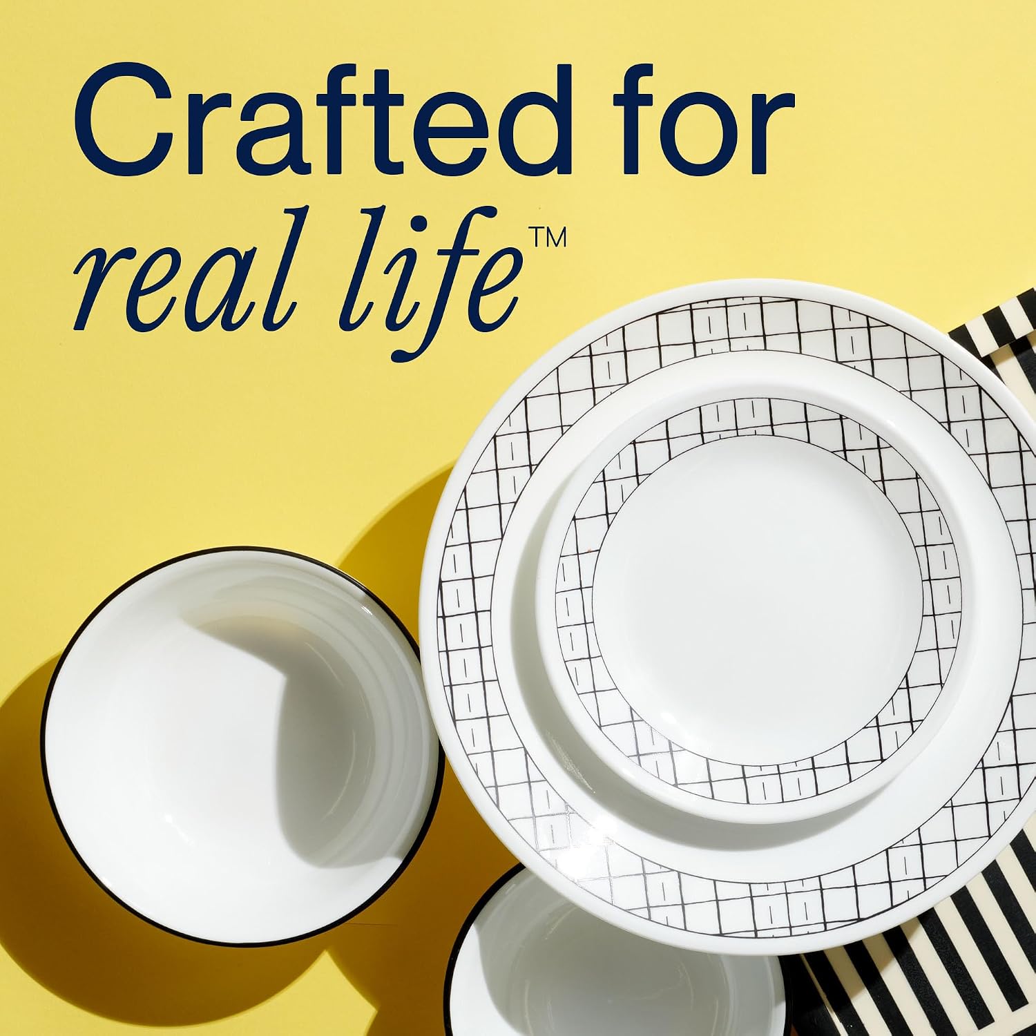 Corelle Vitrelle 18-Piece Service for 6 Dinnerware Set, Triple Layer Glass and Chip Resistant, Lightweight Round Plates and Bowls Set, Delicate Grid