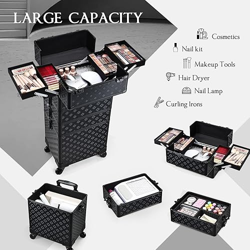 Vista 11 de Adazzo Maleta de maquillaje 4 en 1 con ruedas para cosméticos, caja de tecnología de uñas para artistas de maquillaje, estilistas, estuche de Negro