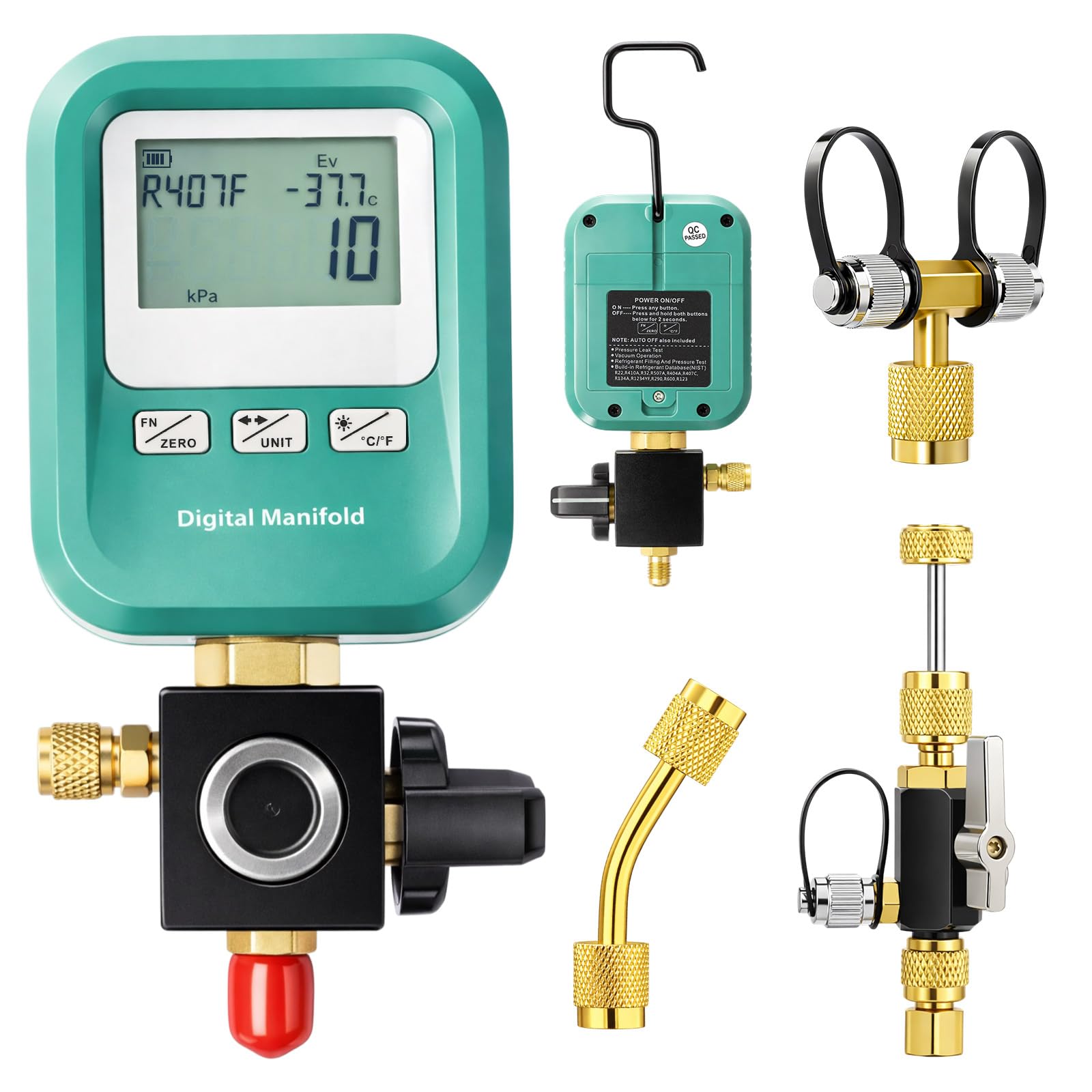 Saysurey 4 Pcs HVAC Digital Manifold Vacuum Gauge Refrigerant Charging, Vacuum Testing and Leak Detection with 1/4"-5/16" Port Valve Core Remover Installer Tool 1/4" SAE Connector and T-Connector