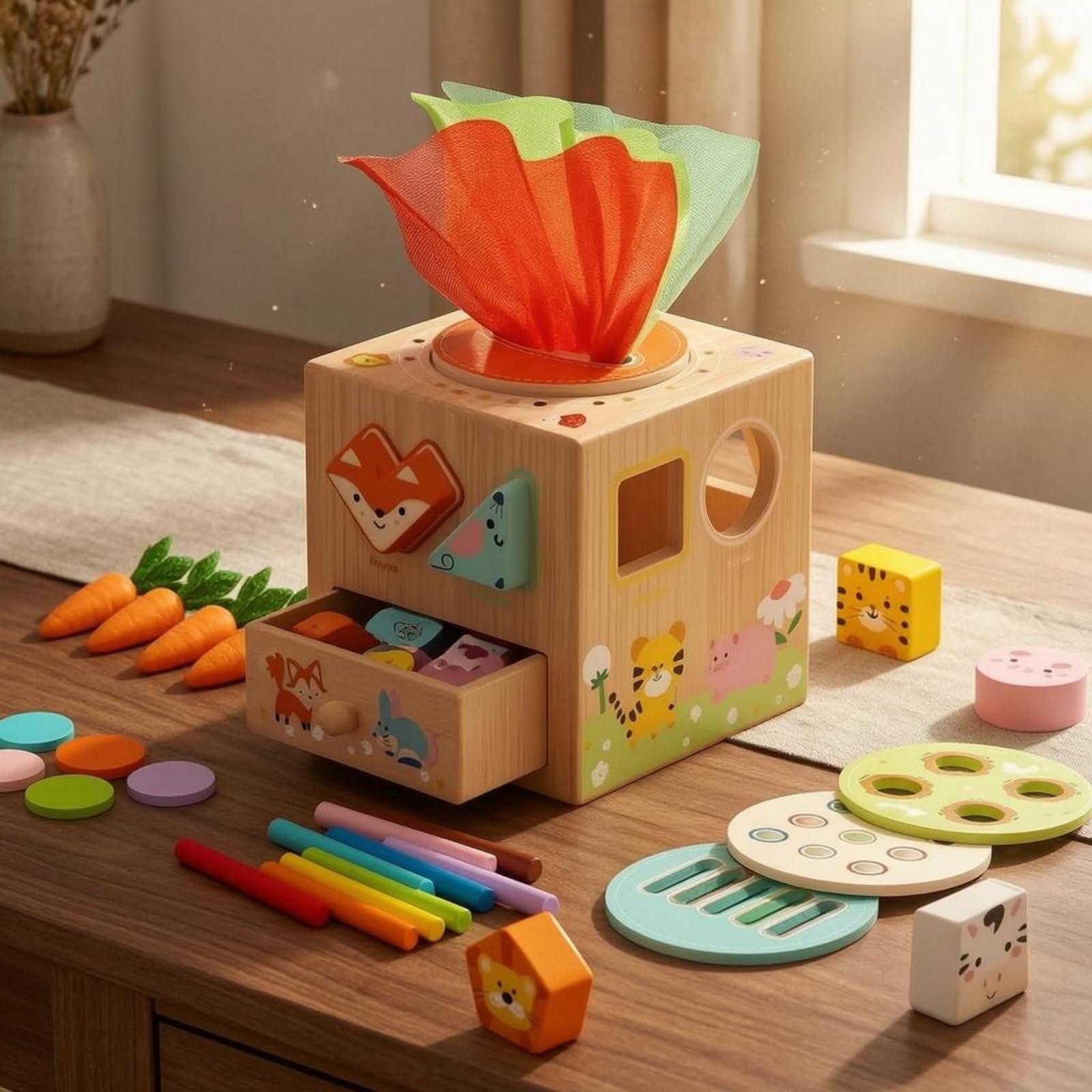 Qianly Cubo attività Educativo Apprendimento Precoce Cubo Multiattività in Legno Coordinazione Occhio-Mano Classificatore di Forme in Legno