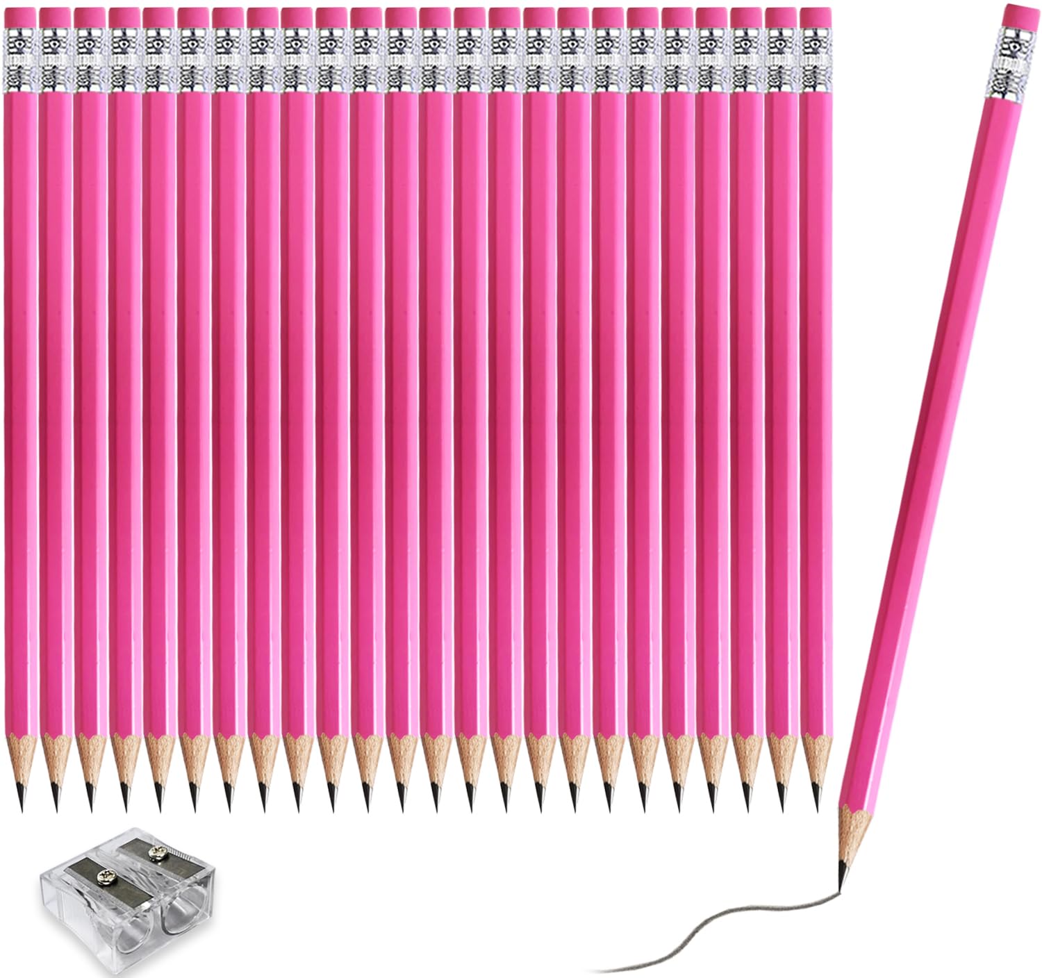 Adhere Wood-Cased pencils Pre-Sharpened 2B Pencils with Eraser, 25-Pack with free Sharpener ideal for home, office, or classroom writing (Pink)
