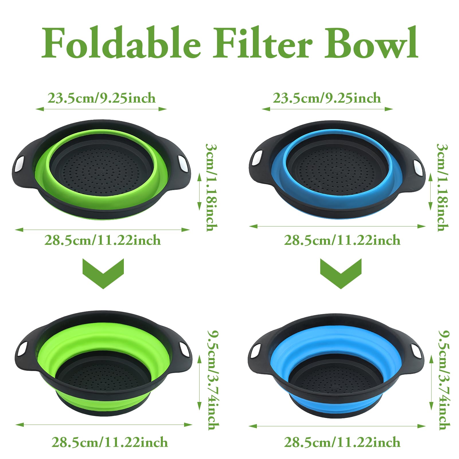 Set 2 Pezzi Grande Scolapasta in Silicone Pieghevole, Blu e Verde, Cucina Pieghevole sopra Il Lavandino del Silicone Colander/Setacci, Lavabili in Lavastoviglie(28.5CM)