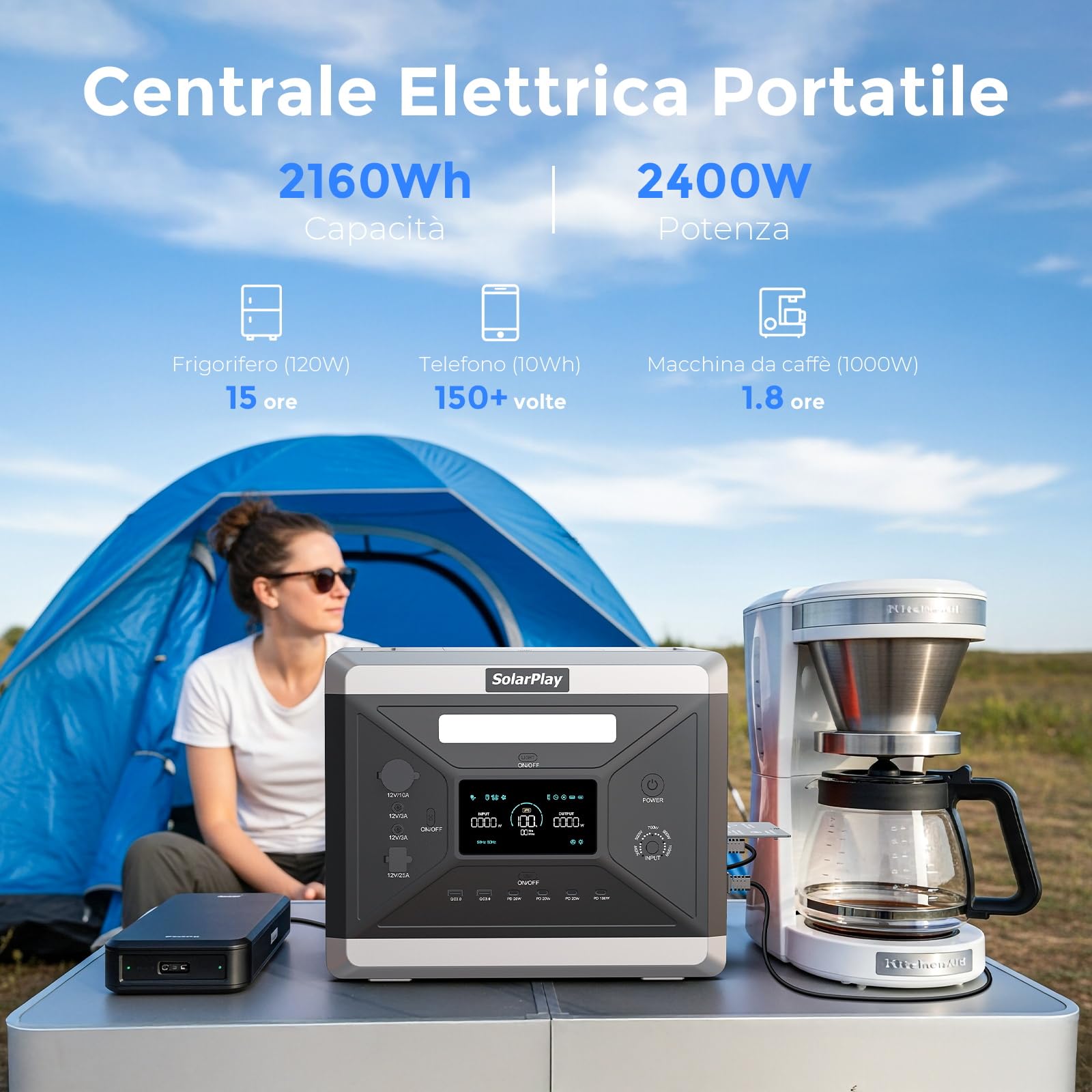 Solarplay - Estación de energía portátil, 2160 Wh LiFePO4, generador solar con salida de 2400 W, carga de CA y CC, completamente cargada en 1,5 horas para camping, autocaravana, jardín fuera de la red
