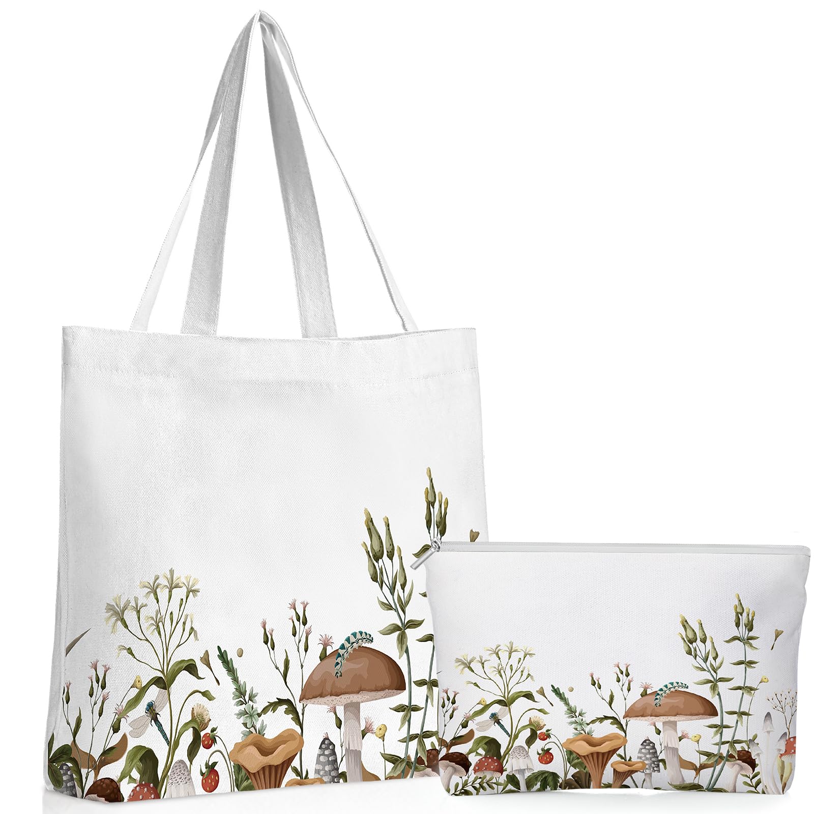Sadnyy 2 Pcs Mushroom Aesthetic Canvas Tote Bags with Makeup Zipper Pouch for Women Valentine Galentine Cute Floral Reusable Shoulder Tote Bag for