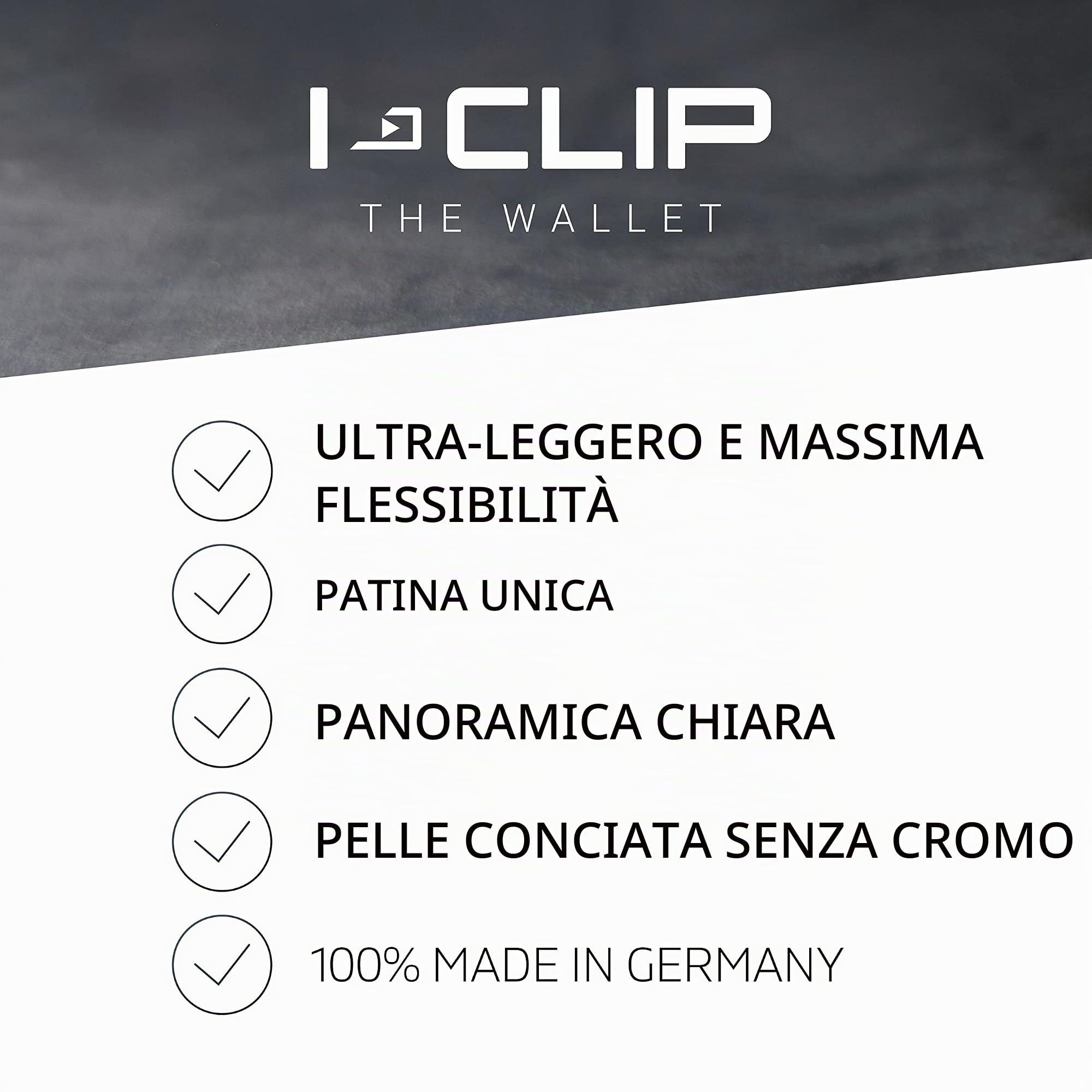 I-CLIP Original Portafoglio Uomo Slim Banconote, Mini Wallet fino a 12 Carte, Ultraleggero con soli 22g, Pelle Goffrata Nero, Telaio Argento