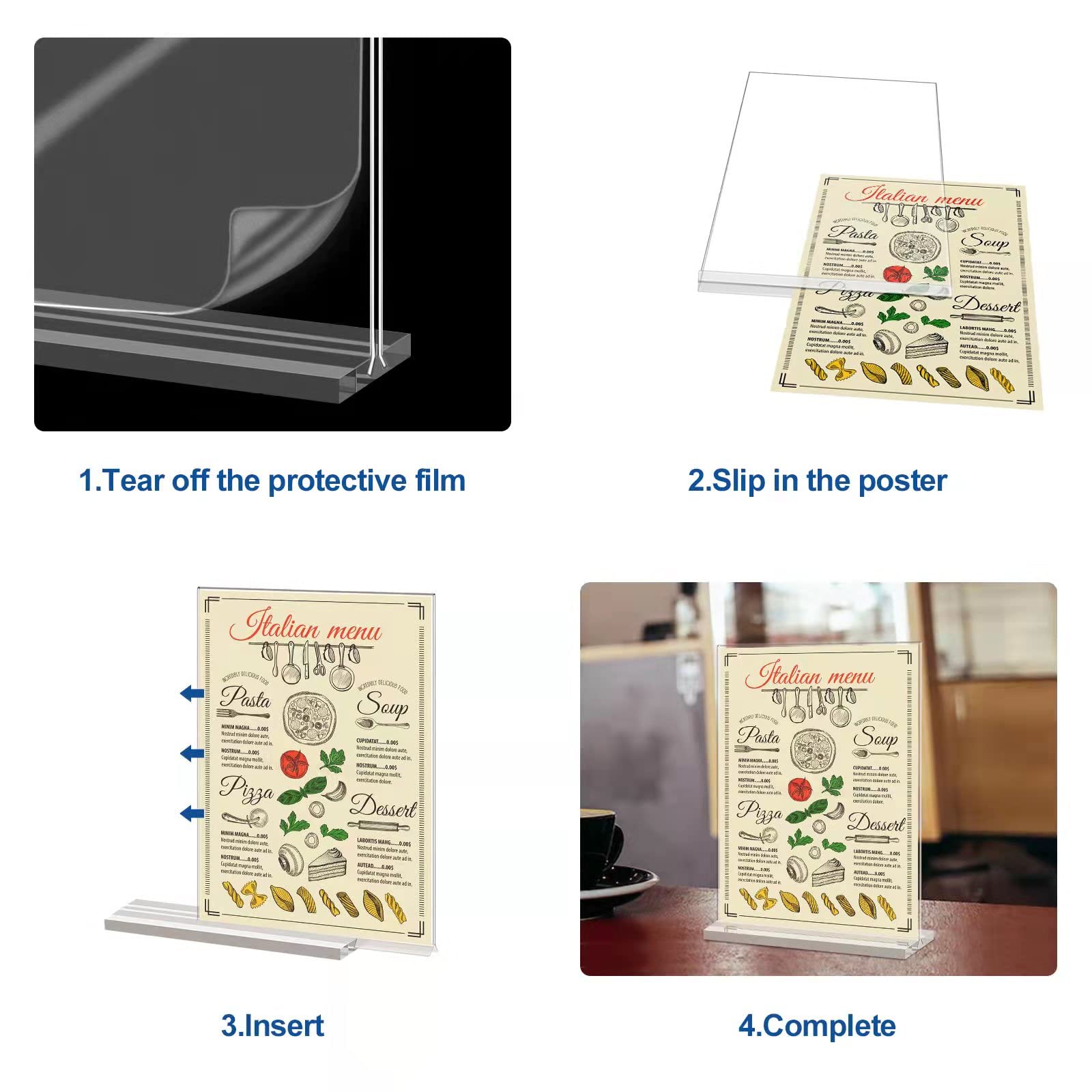 6 Pcs Soportes Acrílicos A4, Expositor Metacrilato Transparente A4, Soportes de Fotos Menú Póster, Tablero de Mensajes de Plástico, Soporte de Sobremesa para Carteles Menú Póster Letreros