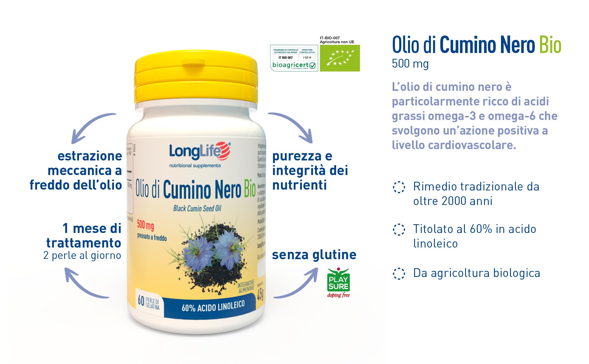 LongLife® Olio di Cumino Nero Bio | Titolato al 60% in acido linoleico | Pressato a freddo | Sostegno immunitario e cardiovascolare | Funzione antiossidante | 1 mese di trattamento | Senza glutine