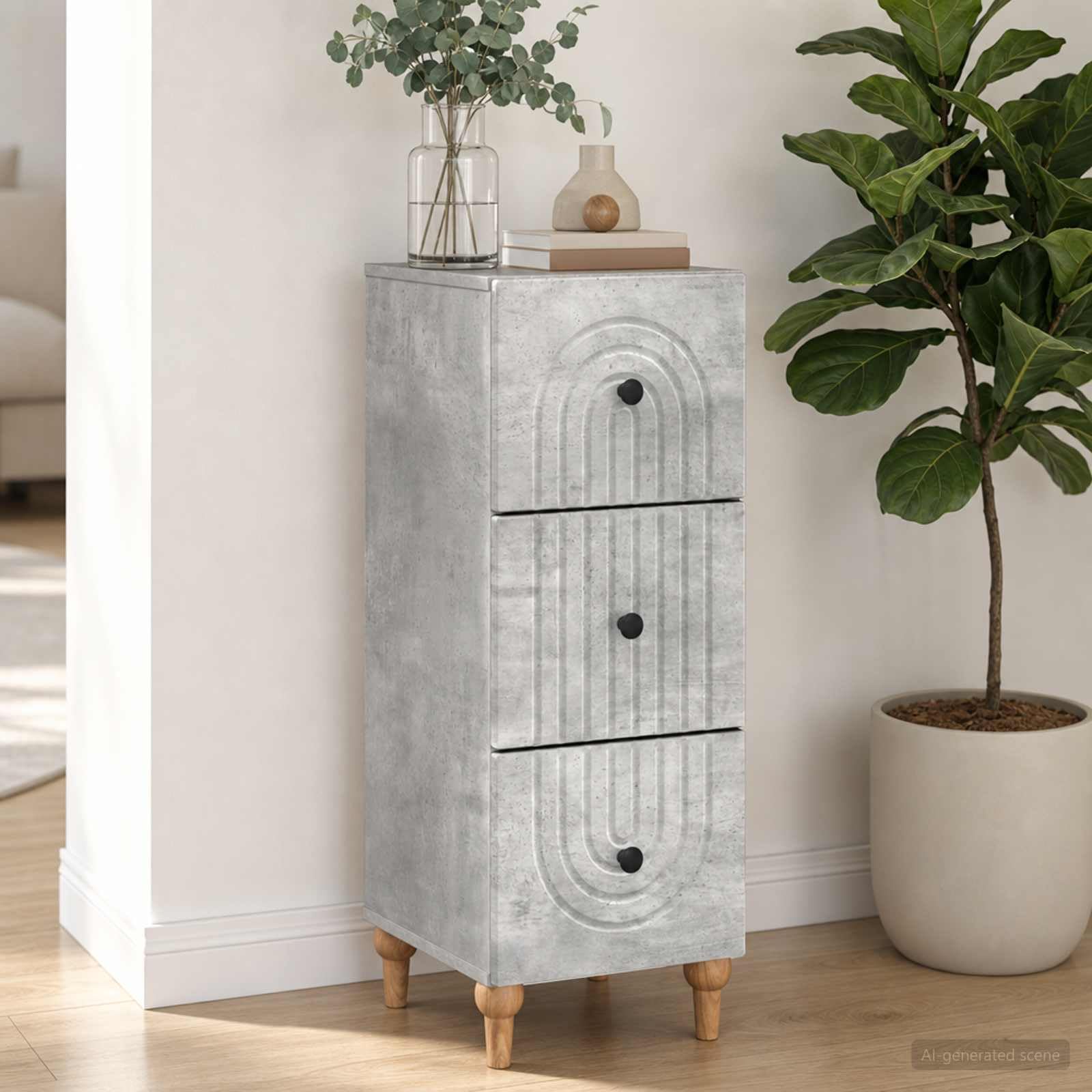 Cassettiera in legno grigio cemento, 33 x 34,5 x 90 cm, con 3 cassetti, per casa, ufficio, corridoio, garage, officina, per organizzazione e ordine