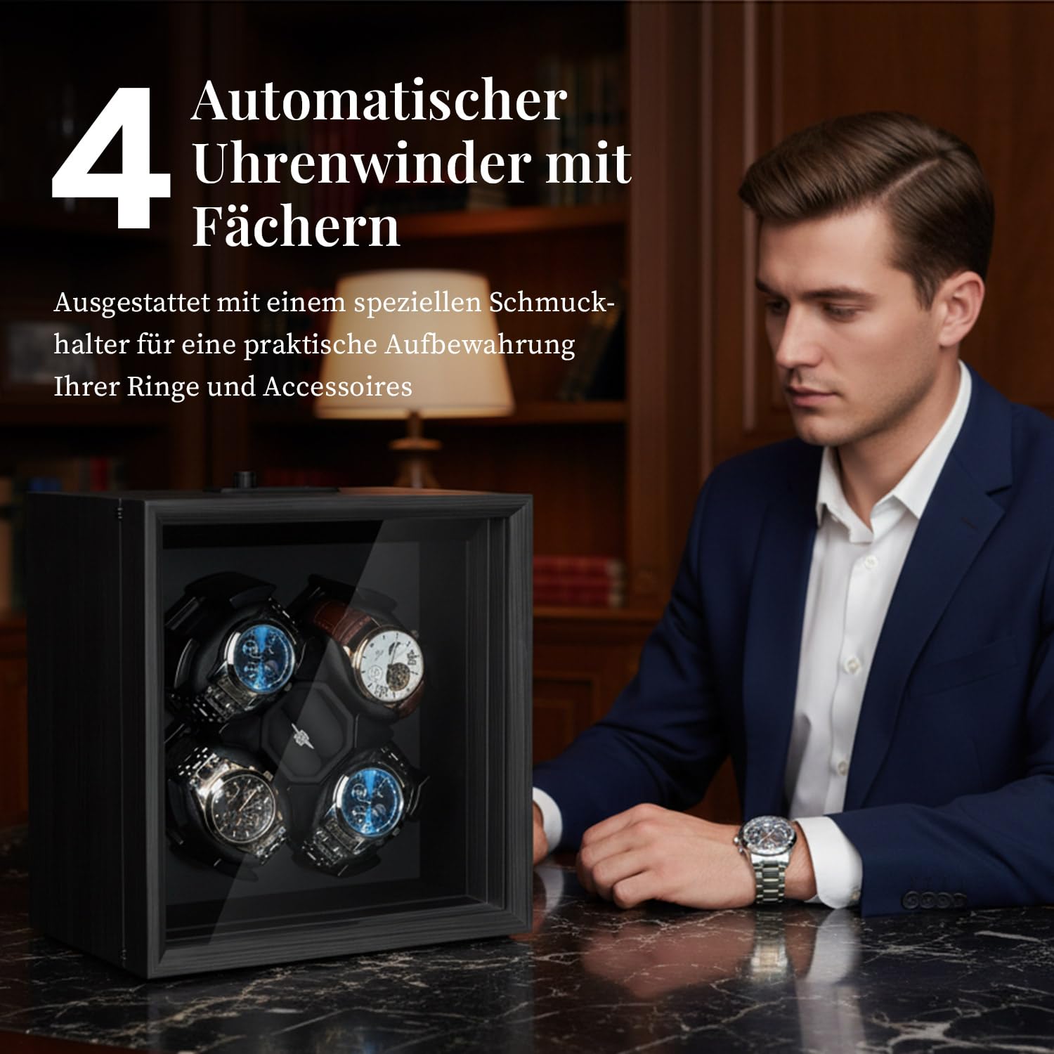 Mcbazel Automatischer Uhrenbeweger für Vier Uhren, Automatische Leise Funktion,Watch Winder Silent Motor, Verstellbare, Professionelle Uhrenpflege-Lösung – Schwarzes Ebony-Muster
