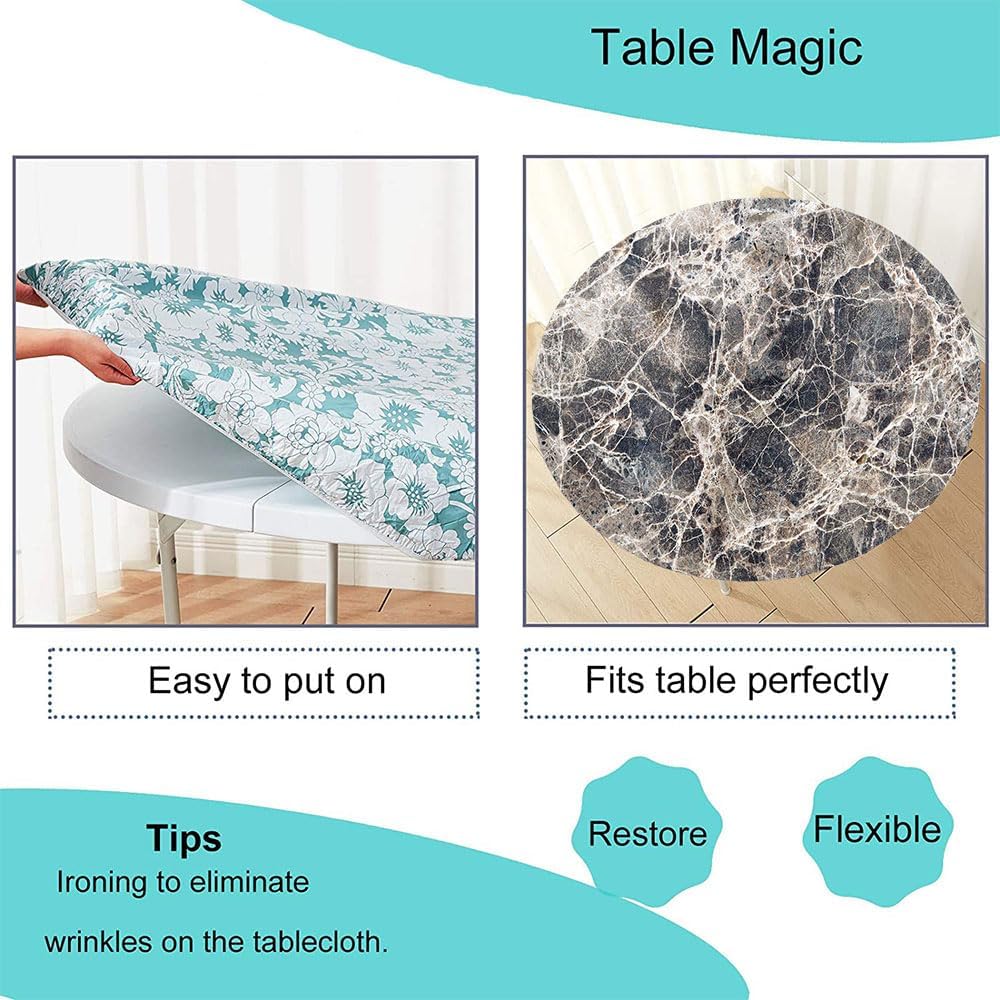 Marble Round Tablecloth with Elastic Edge, Ceramic Style Scratches with Formless Lines and Cracks Artwork, for Dining Tables, Buffet Parties and Camping, Fit for 56" Table, Beige Taupe