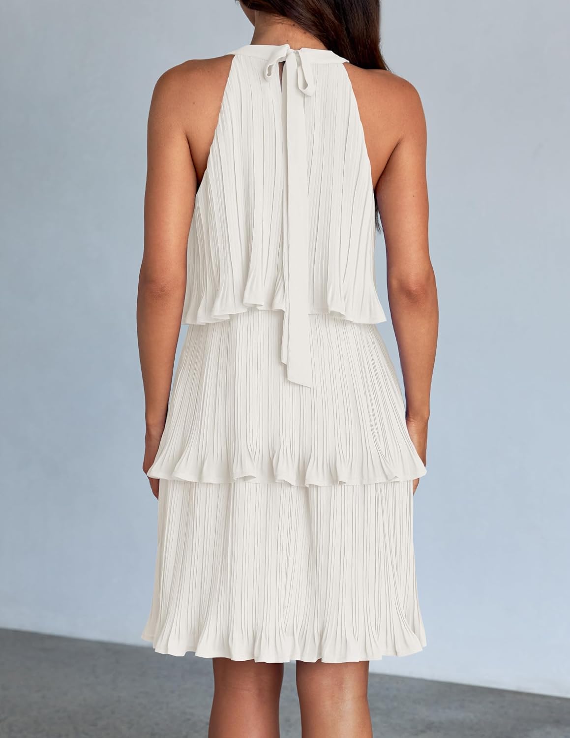 ZESICA Women's 2026 Summer Halter Dresses Sleeveless Ruffle Tiered Layered Chiffon Pleated A Line Swing Mini Dress - Image 4