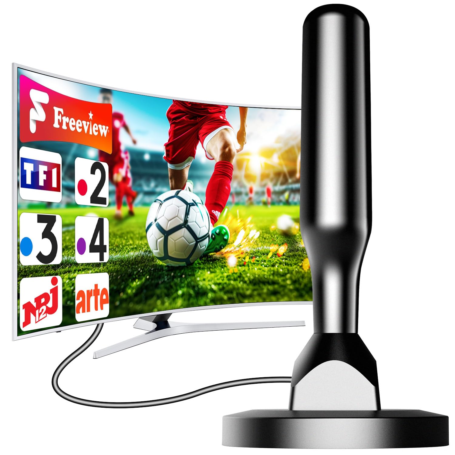 Antenne TNT Intérieure HD VHF/UHF pour Téléviseur et Smart TV, Base Magnétique Stable, Réception Omnidirectionnelle 360°, Compatible DVB-T2, 4K UHD et 1080p, Câble Coaxial 5 m，K-FR-AH75-01-260719