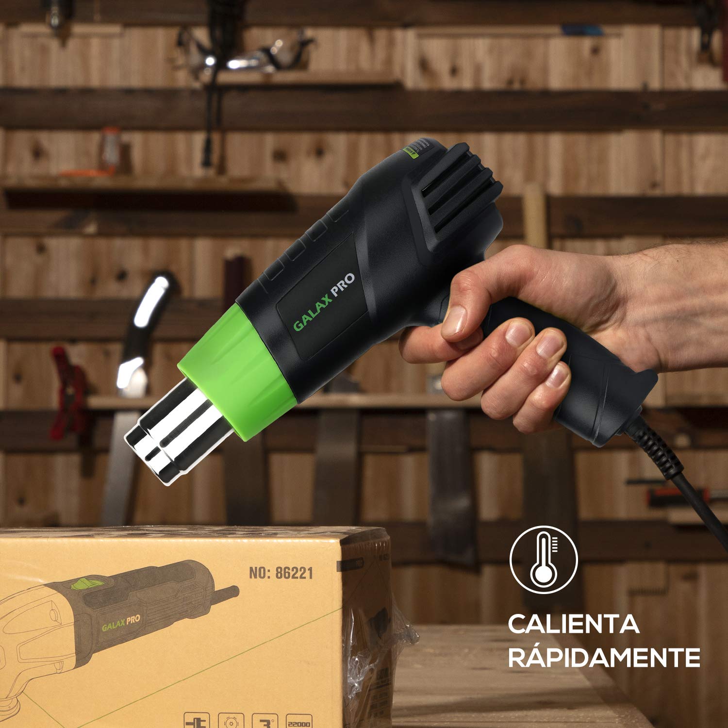 GALAX PRO Pistola de Aire Caliente, 2000W Dos Niveles de Temperaturay Tlujo de Aire Ajustables (Ⅰ: 350 ℃ 250L / min, Ⅱ: 550 ℃ 500L / min) con 4 Boquillas, Doble Protección