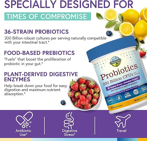 Miniatura 3 de Terranics Probióticos diarios para hombres y mujeres, 200 mil millones de 36 cepas de probióticos de restauración inmediata, con prebióticos y