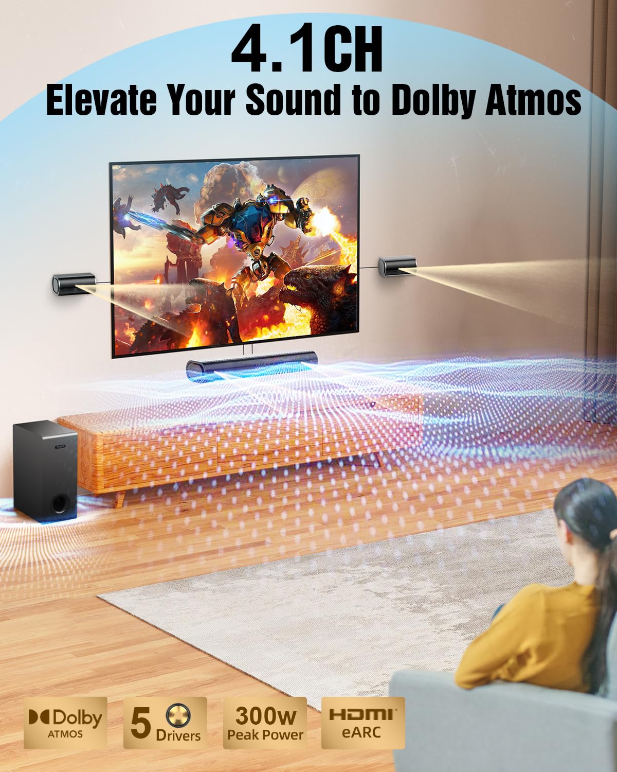 Hiwill 4.1 Dolby Atmos TV Soundbar z subwooferem, 300 W głośniki kina domowego, 2 przednie głośniki przestrzenne, regulowane tony wysokie i niskie, HDMI eARC, Bluetooth 5.3, optyczny, HiElite A41