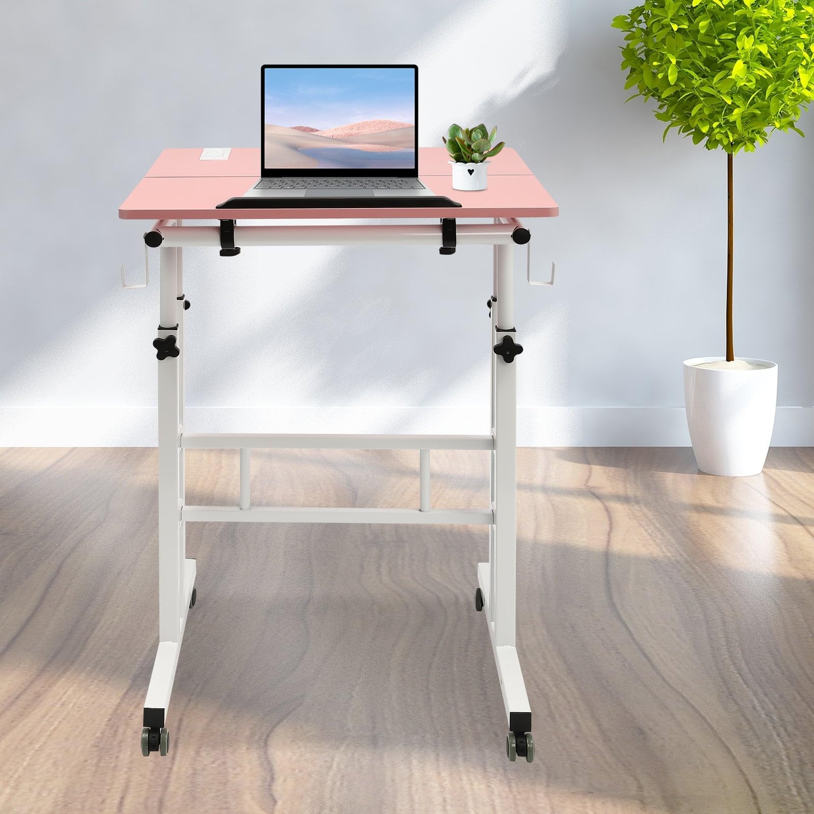 Small Adjustable Standing Desk with Wheels Home Office Workstation Portable Rolling Desk Laptop Cart Pink — view 2