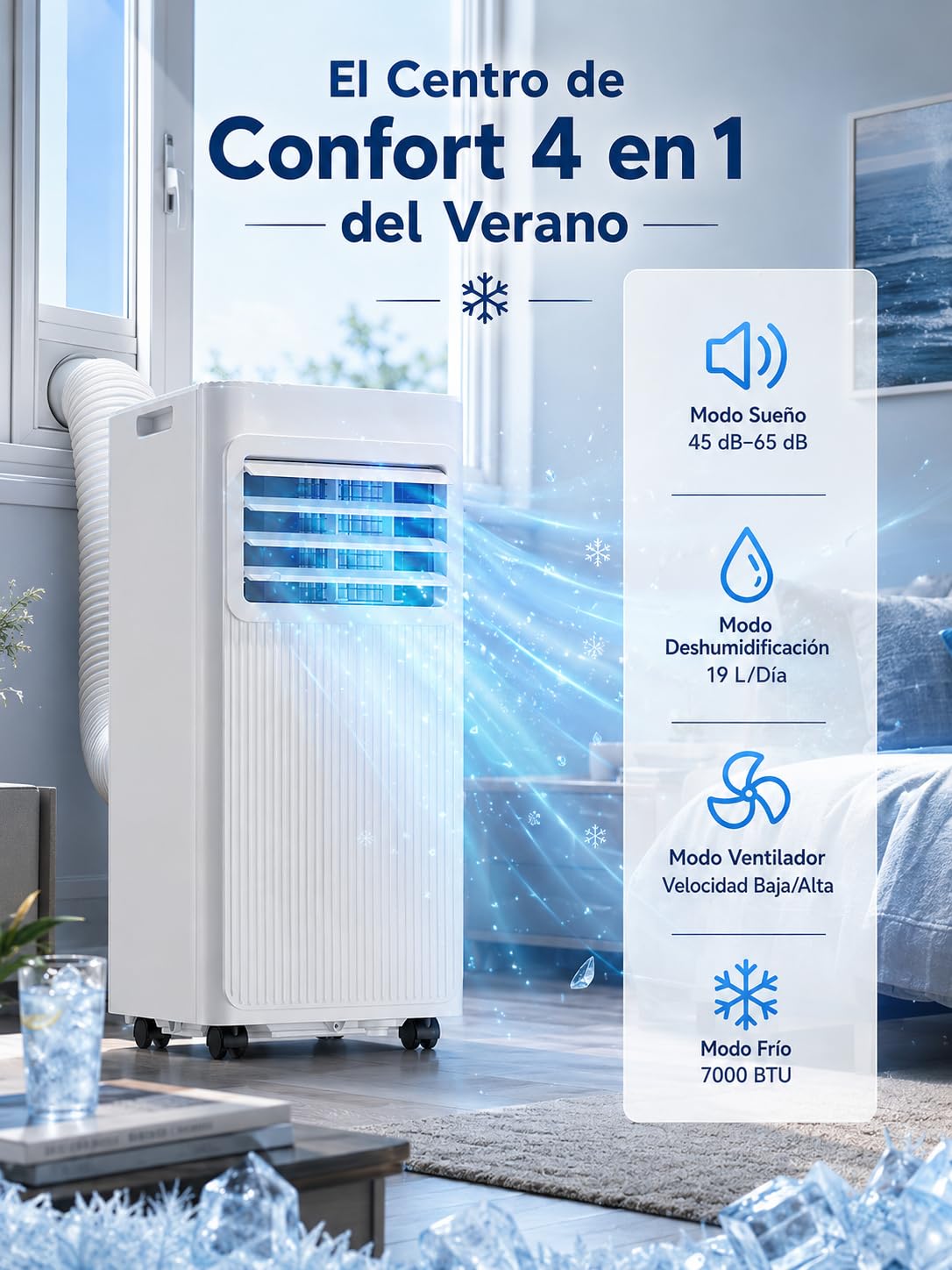 Aire Acondicionado Portátil 7000 BTU, Climatizador 4 en 1 (Frío, Ventilador, Deshumidificador 19L/D, Noche), Bajo Consumo, Silencioso, Temporizador 24H, Mando, Kit de Ventana Incluido, Blanco