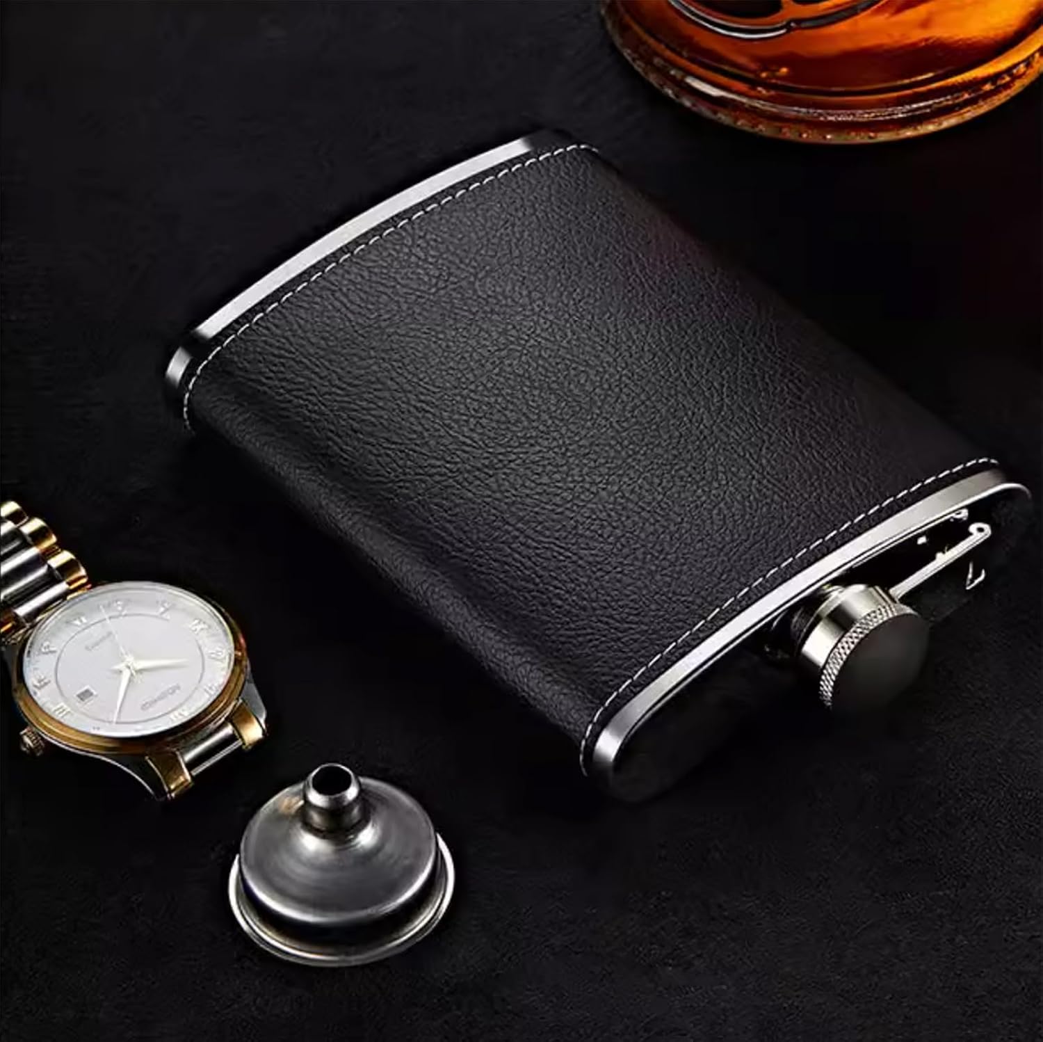 TAORANJU Hip Flask for Liquor, 8 Oz Stainless Steel Leakproof Thin Flask with Funnel, Portable Leather Whiskey Flask for Men Women Camping Climbing Party Outdoor Activities