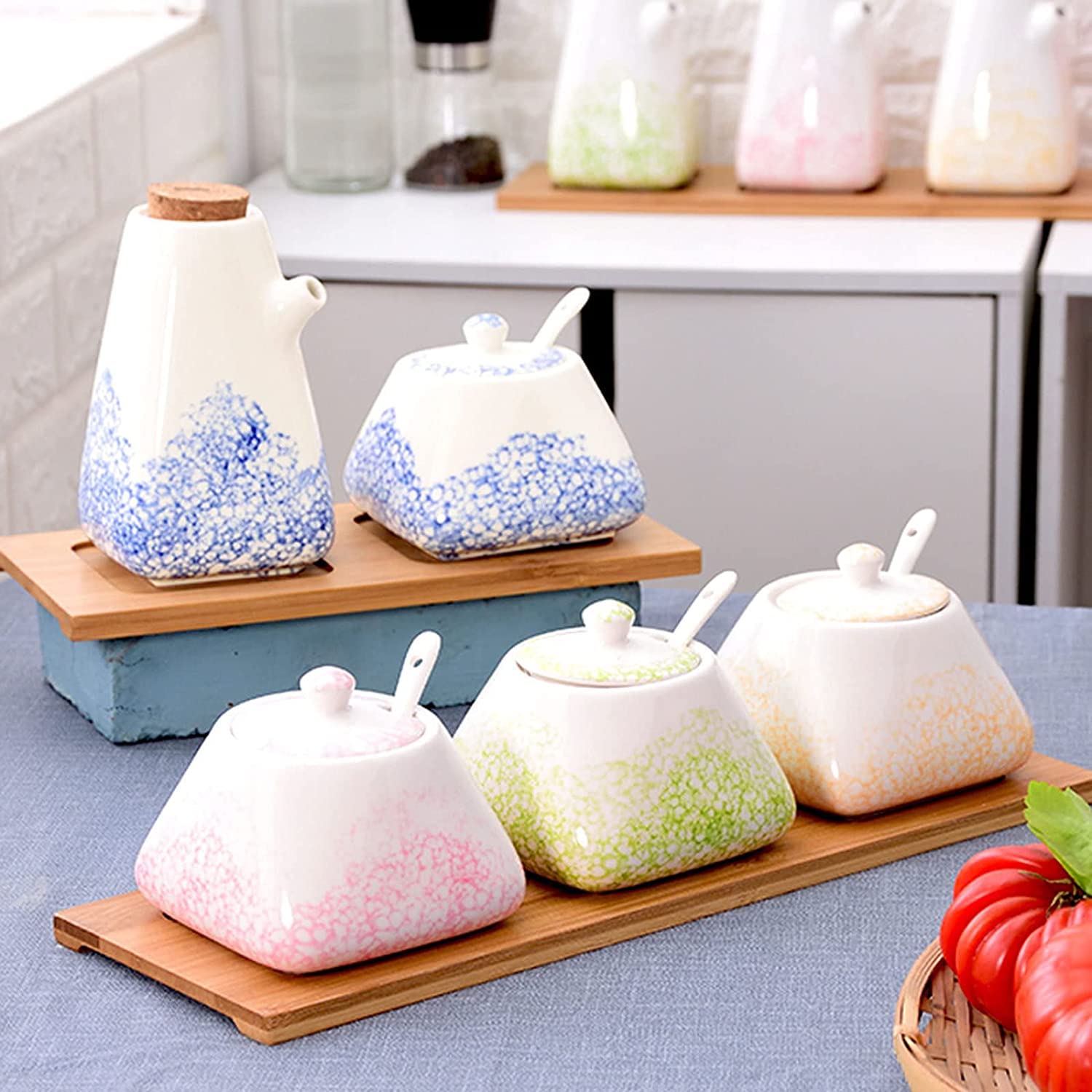 Azucarero de cerámica, jarra for crema, azucarero de cerámica colorido con tapa, azucarero de porcelana con cuchara, salero pequeño, tarro de almacenamiento, for cafetería, restaurante, cocina, jarra